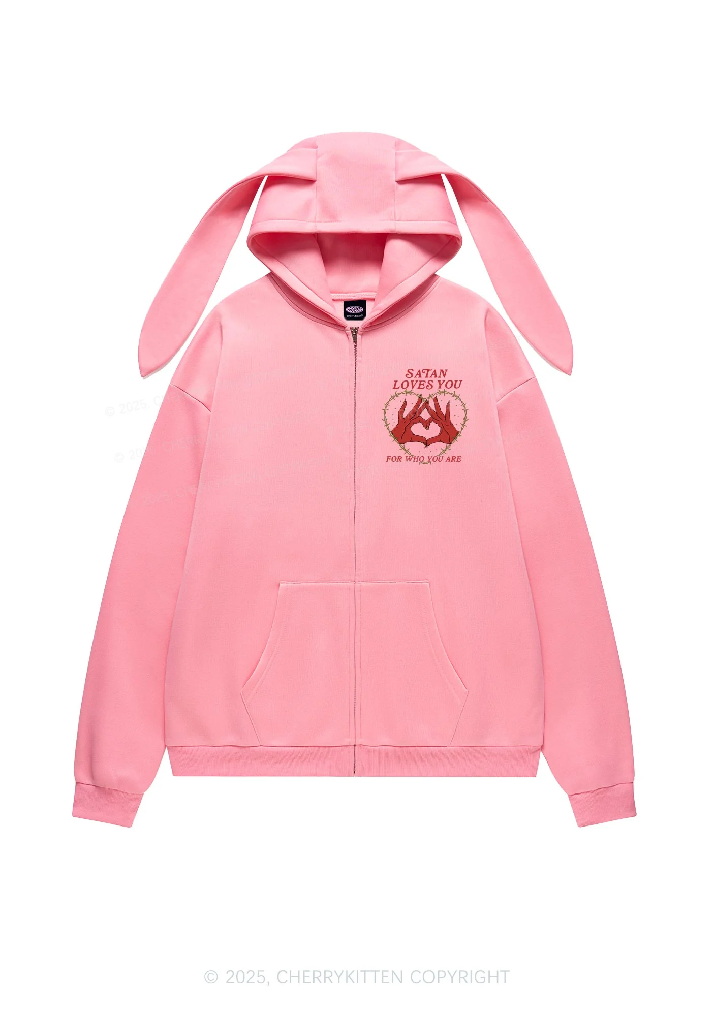 Halloween Satan Loves You Heart Y2K Bunny Ear Zip Hoodie Cherrykitten - Image 5