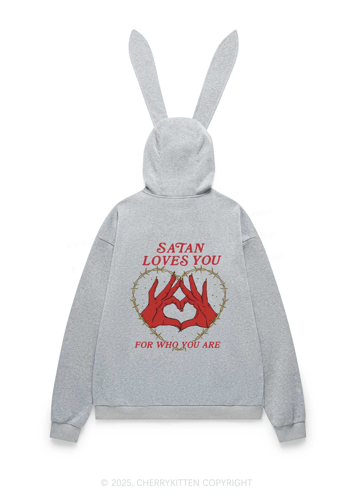 Halloween Satan Loves You Heart Y2K Bunny Ear Zip Hoodie Cherrykitten - Image 6