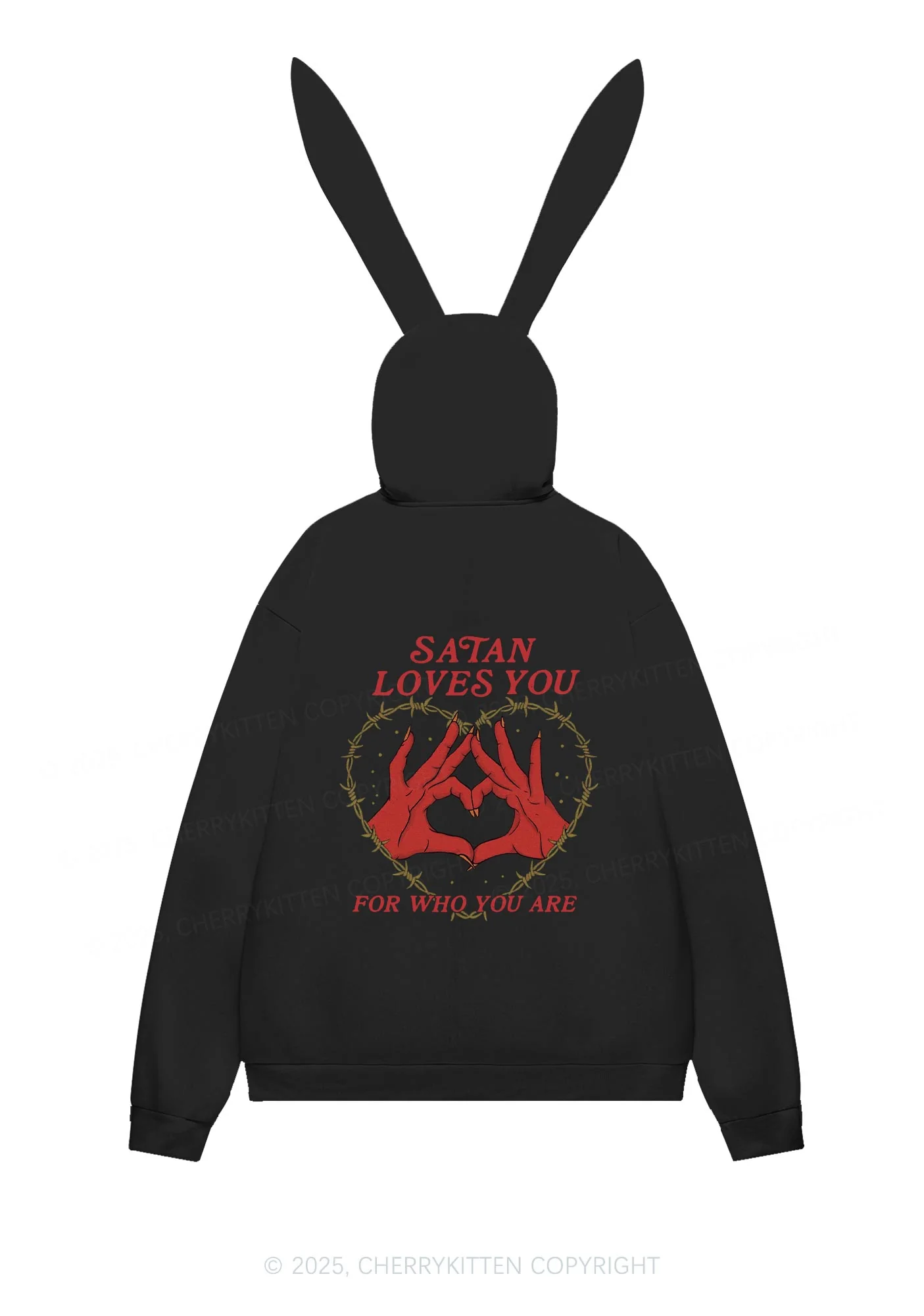 Halloween Satan Loves You Heart Y2K Bunny Ear Zip Hoodie Cherrykitten - Image 7