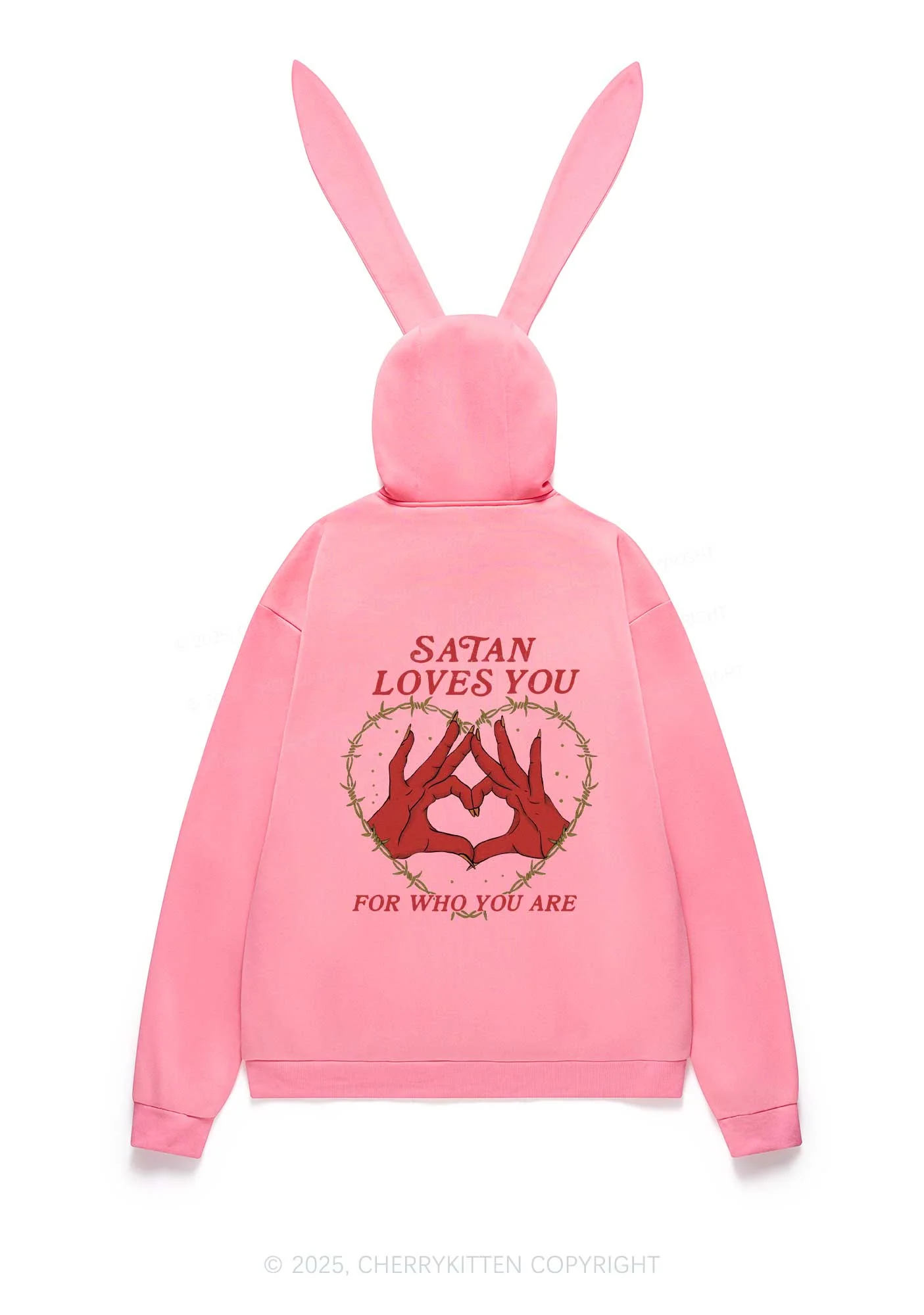 Halloween Satan Loves You Heart Y2K Bunny Ear Zip Hoodie Cherrykitten - Image 8