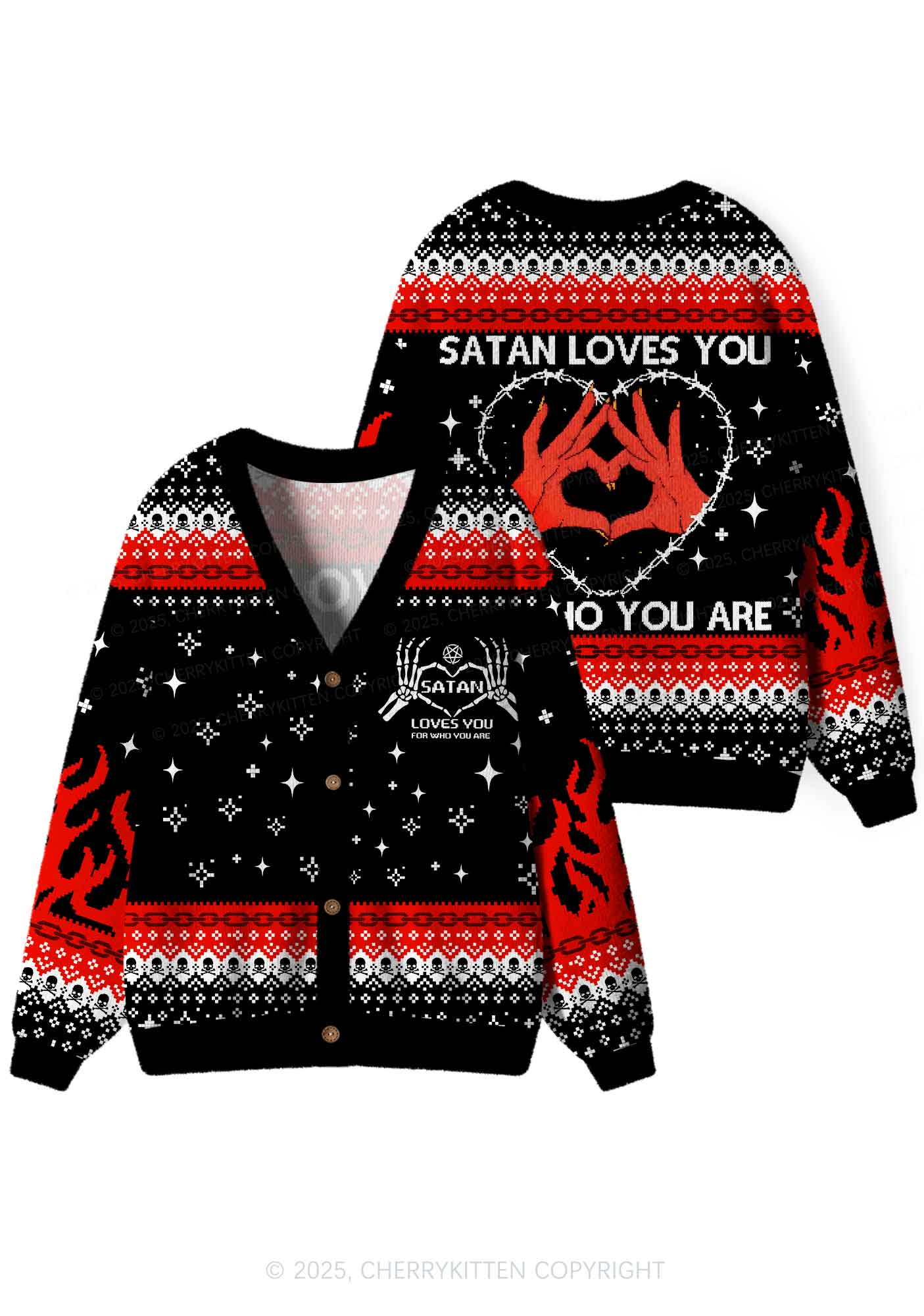 Halloween Satan Loves You Heart Y2K Christmas Cardigan Knit Sweatshirt Cherrykitten - Image 2