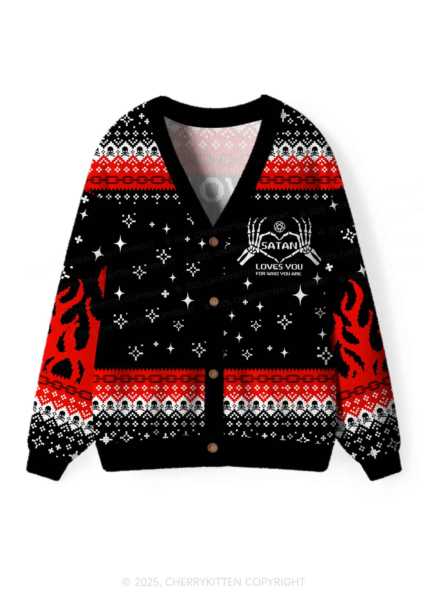 Halloween Satan Loves You Heart Y2K Christmas Cardigan Knit Sweatshirt Cherrykitten - Image 3