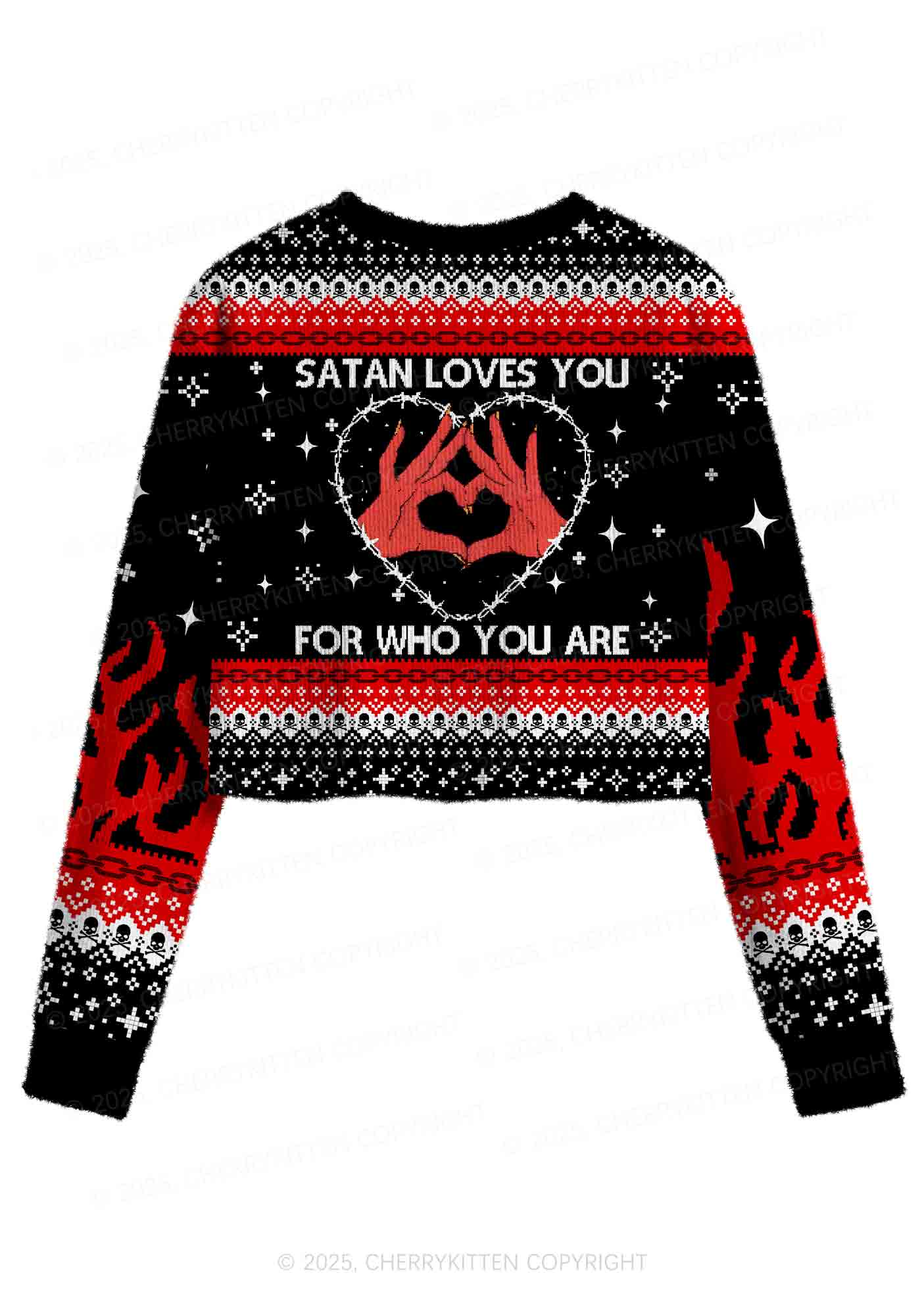 Halloween Satan Loves You Heart Y2K Christmas Crop Knit Sweatshirt Cherrykitten - Image 2