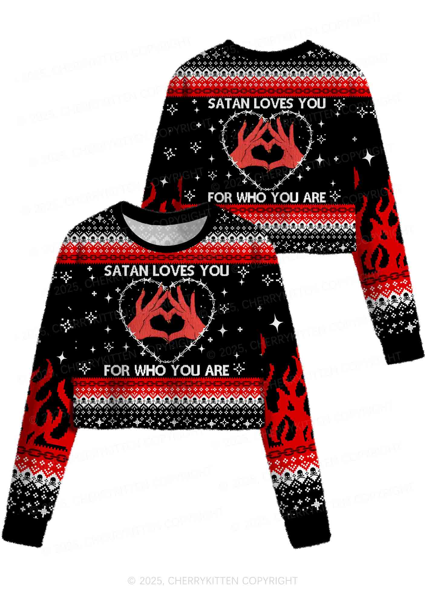 Halloween Satan Loves You Heart Y2K Christmas Crop Knit Sweatshirt Cherrykitten - Image 3