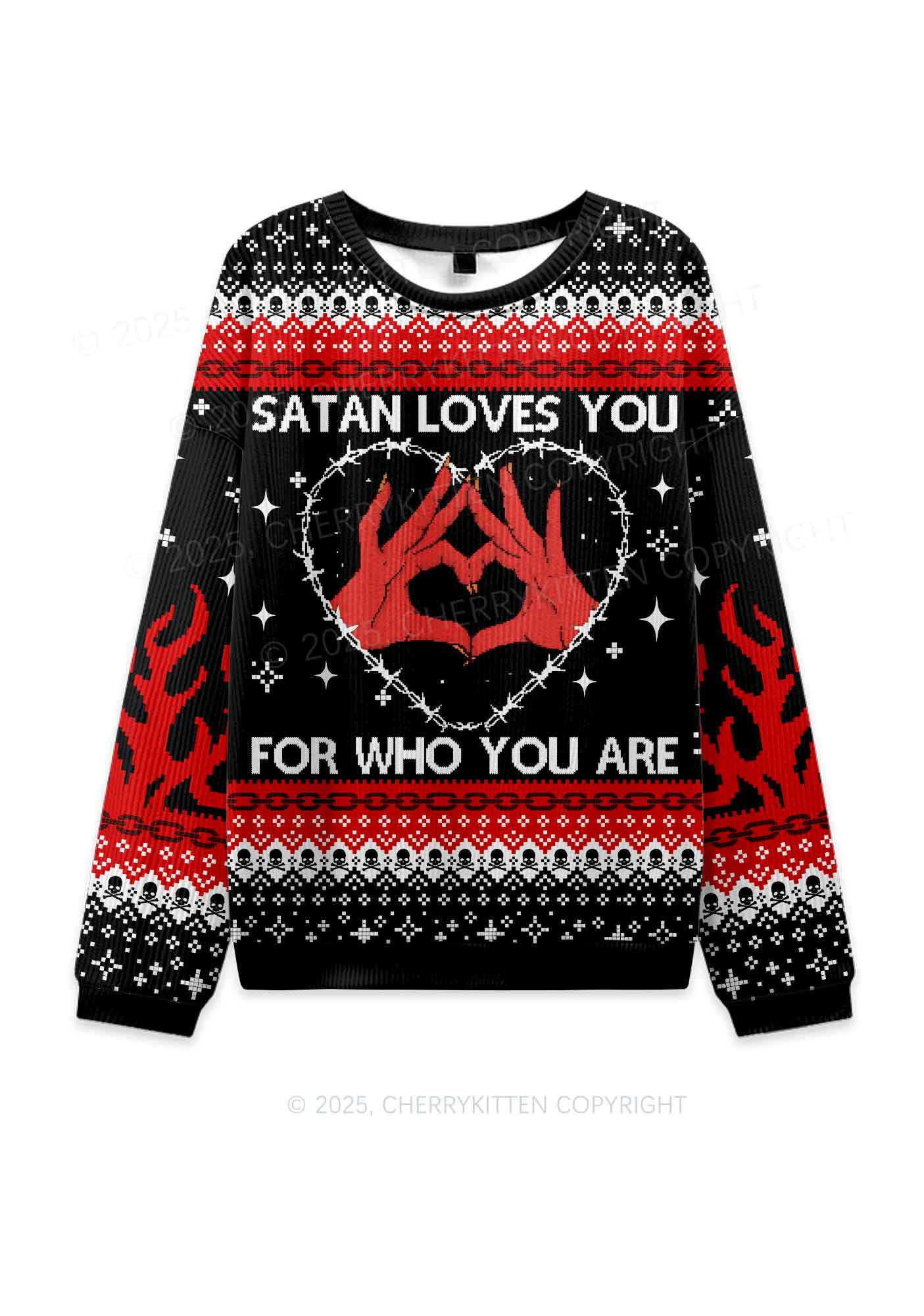 Halloween Satan Loves You Heart Y2K Christmas Knit Sweatshirt Cherrykitten - Image 2