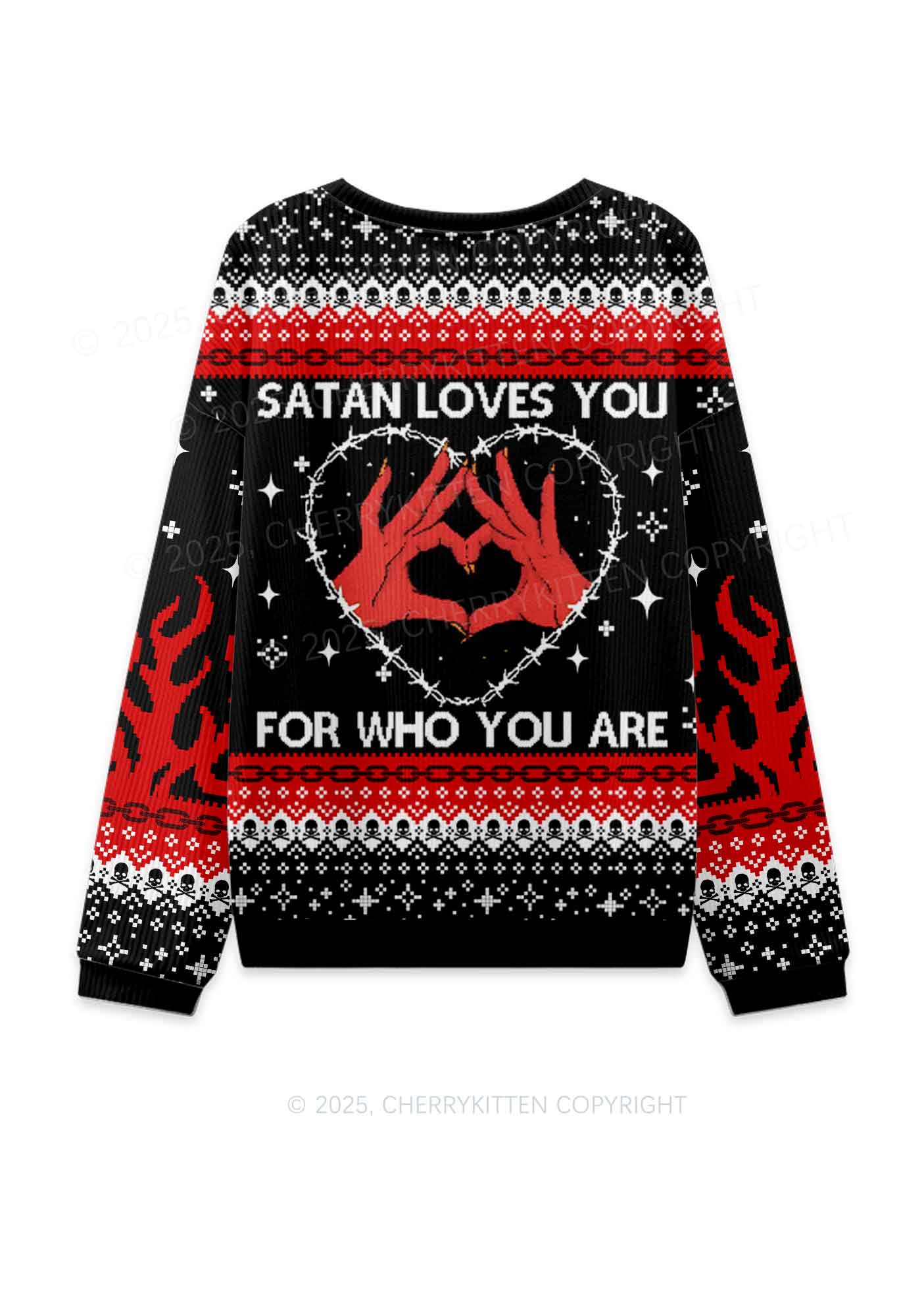 Halloween Satan Loves You Heart Y2K Christmas Knit Sweatshirt Cherrykitten - Image 3