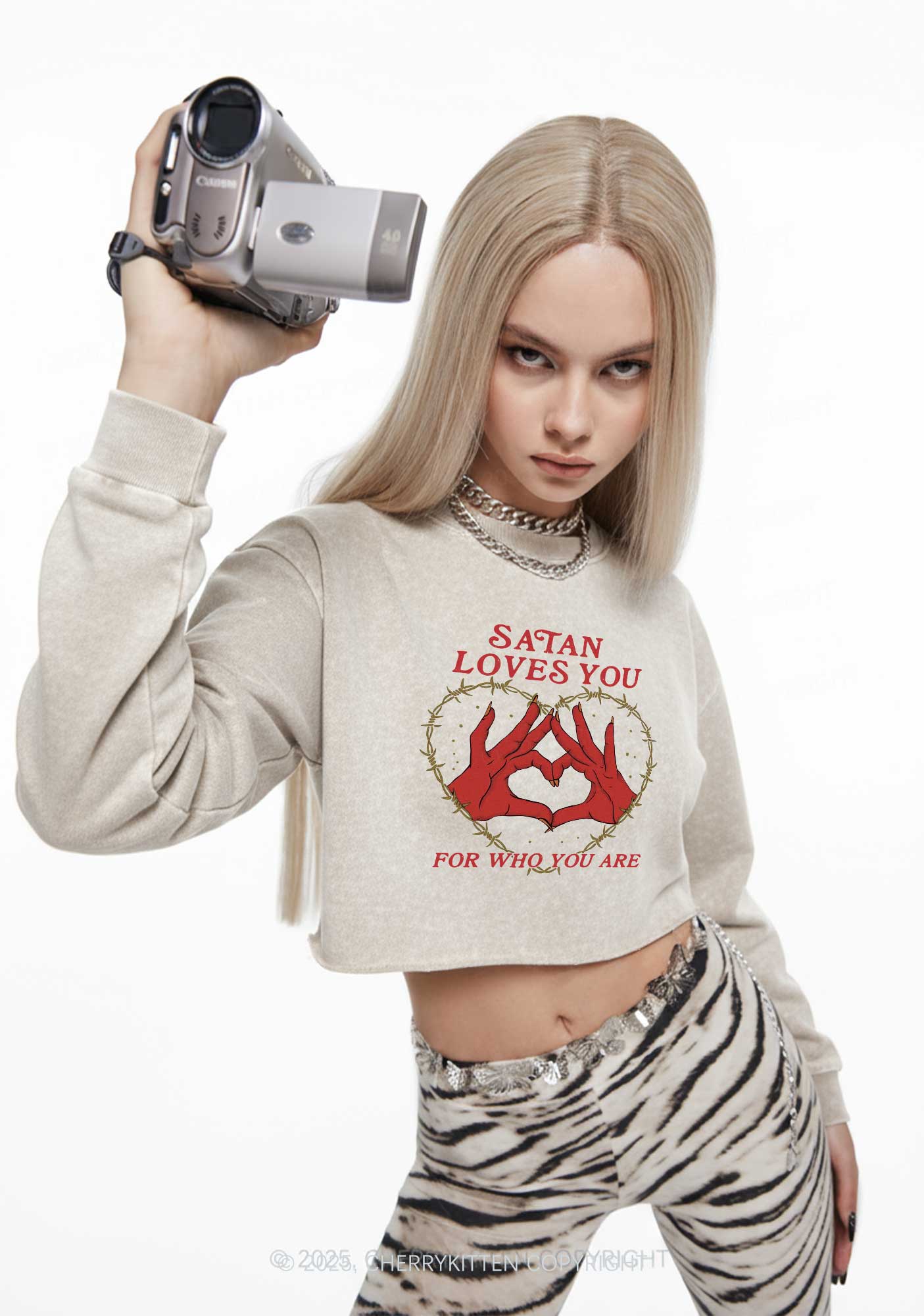 Halloween Satan Loves You Heart Y2K Crop Washed Sweatshirts Cherrykitten - Image 2