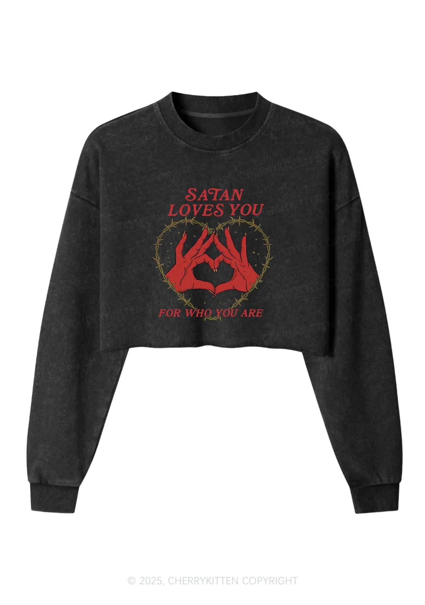 Halloween Satan Loves You Heart Y2K Crop Washed Sweatshirts Cherrykitten - Image 3