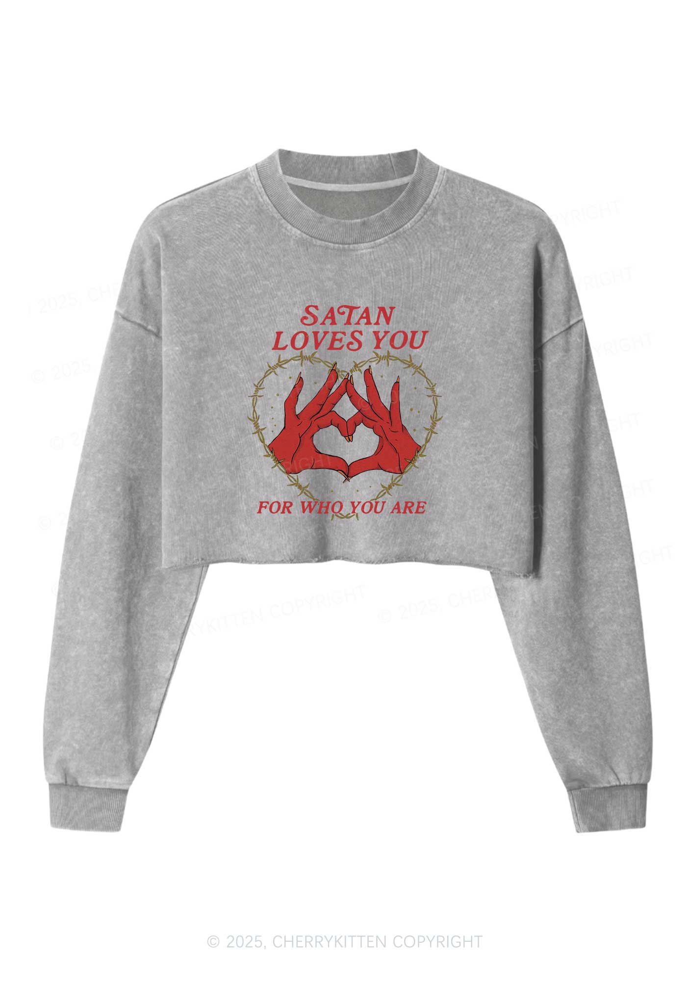 Halloween Satan Loves You Heart Y2K Crop Washed Sweatshirts Cherrykitten - Image 4