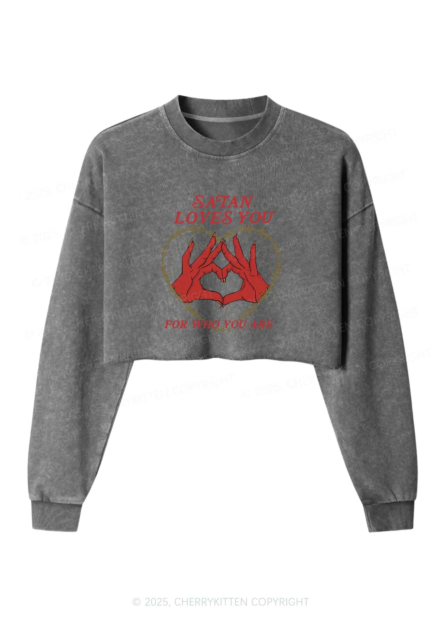 Halloween Satan Loves You Heart Y2K Crop Washed Sweatshirts Cherrykitten - Image 5