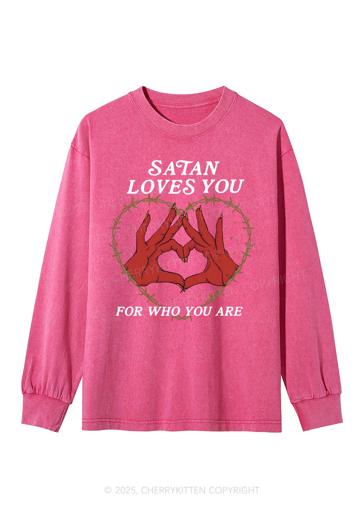 Halloween Satan Loves You Heart Y2K Washed Long Sleeves Cherrykitten - Image 2