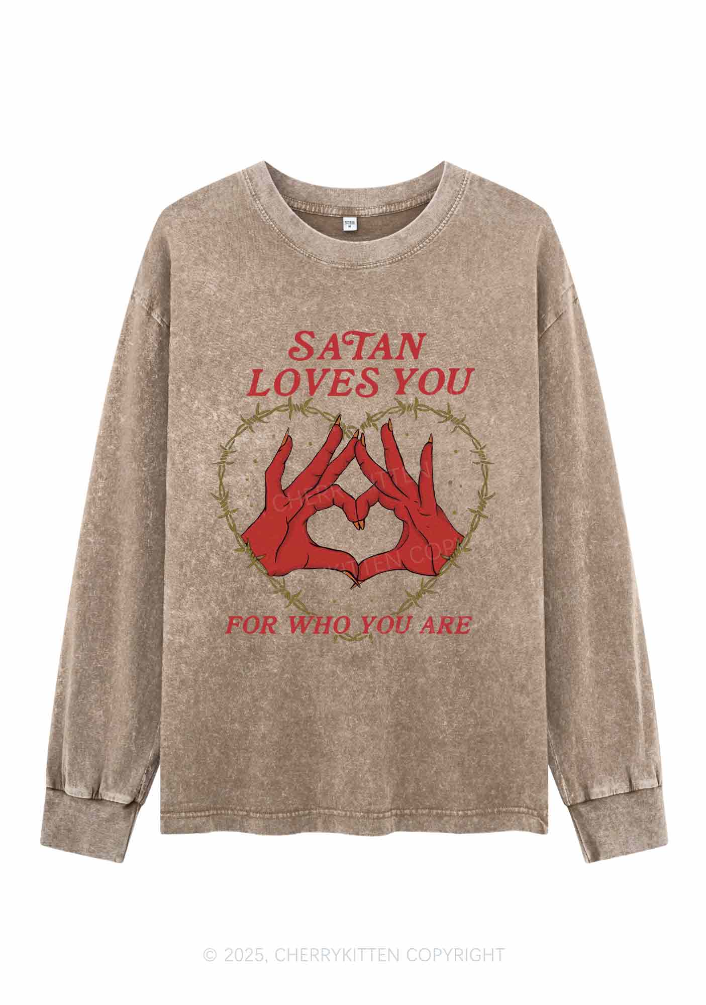 Halloween Satan Loves You Heart Y2K Washed Long Sleeves Cherrykitten - Image 3