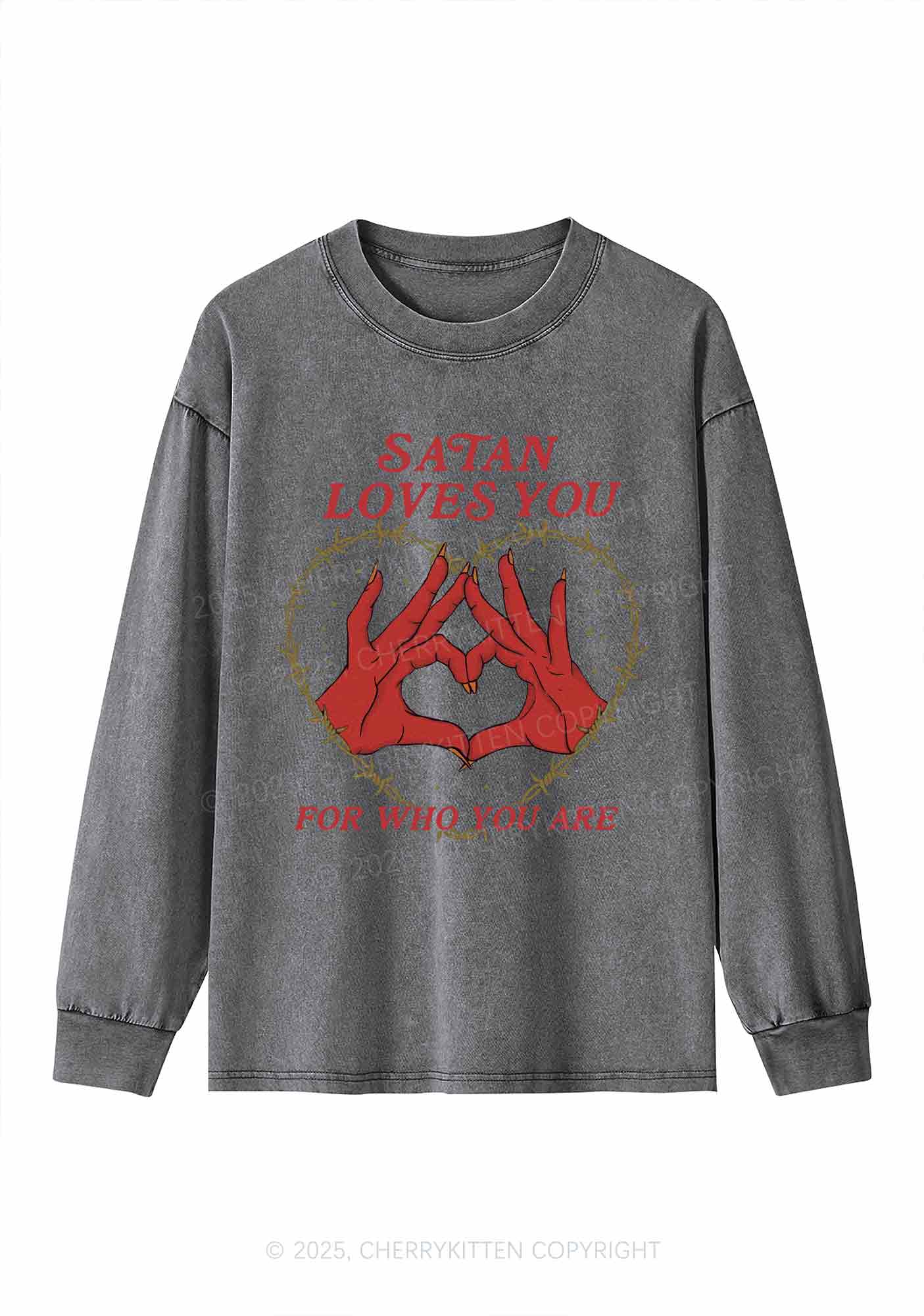 Halloween Satan Loves You Heart Y2K Washed Long Sleeves Cherrykitten - Image 4