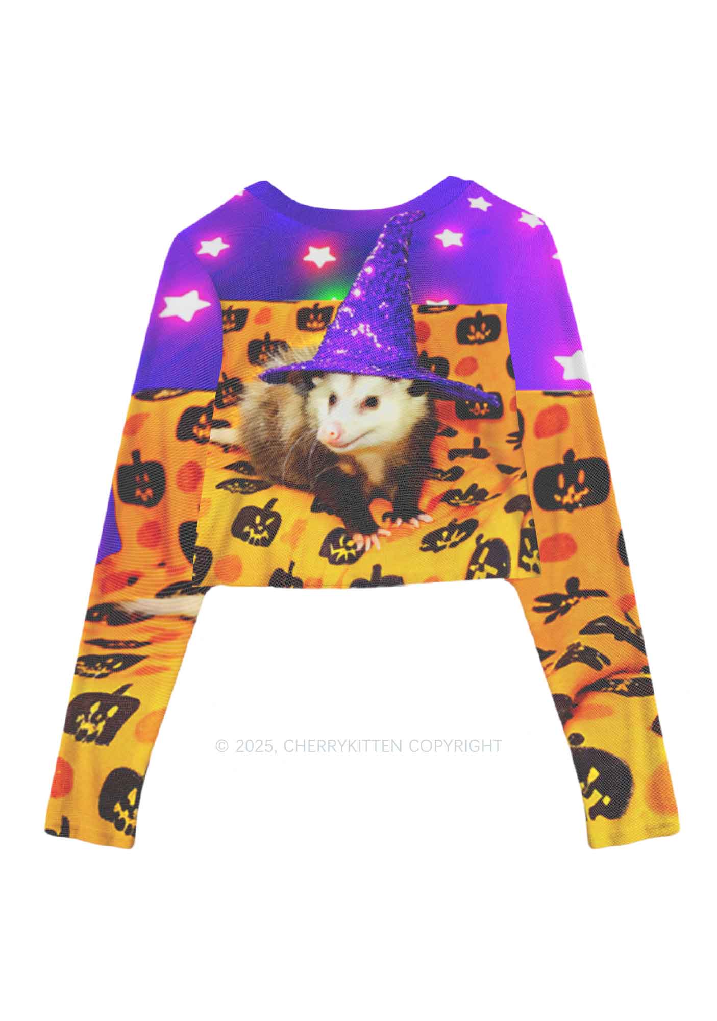 Halloween Sparkle Witch Ratz Y2K Mesh Long Sleeve Crop Top Cherrykitten - Image 3
