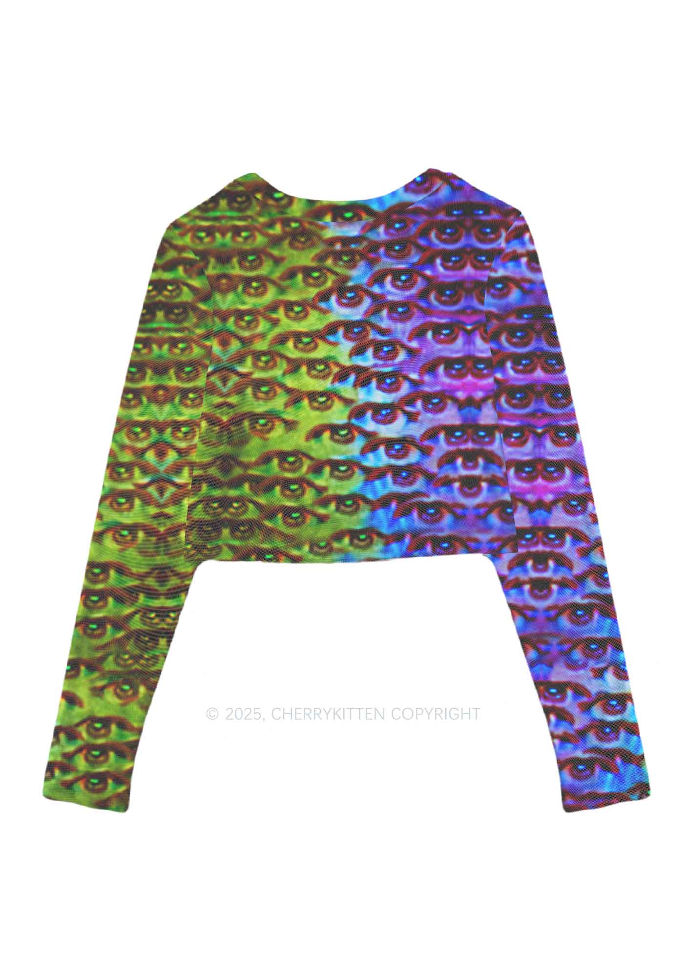Halloween Spectrum Eyes Y2K Mesh Long Sleeve Crop Top Cherrykitten - Image 3