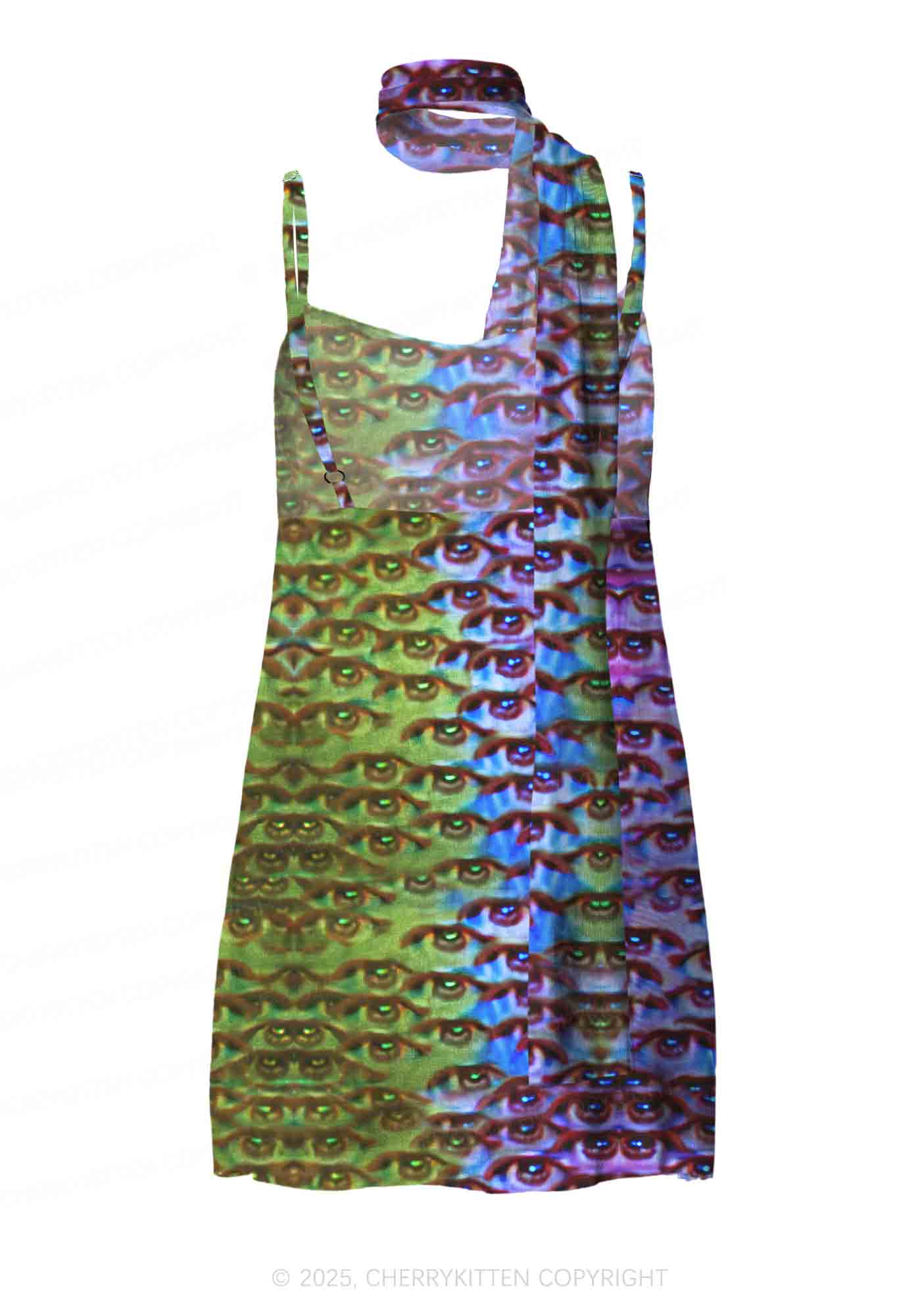 Halloween Spectrum Eyes Y2K Mesh Slip Dress With Scarf Set Cherrykitten - Image 3