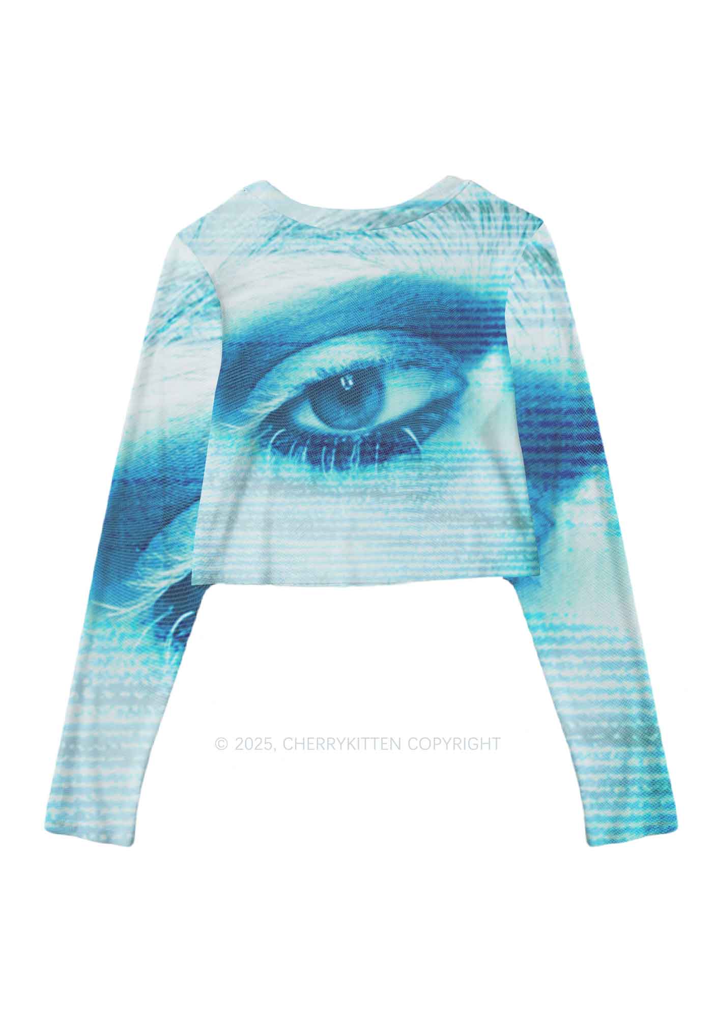 Halloween Tech Blue Eye Y2K Mesh Long Sleeve Crop Top Cherrykitten - Image 3