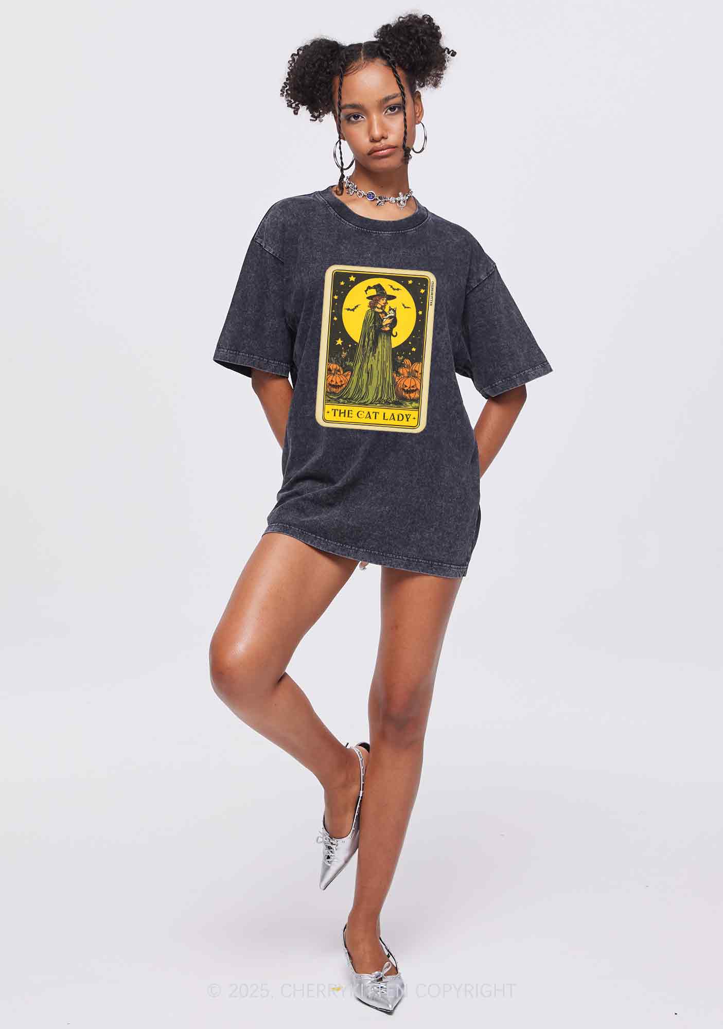 Halloween The Witch Cat Lady Y2K Shirts Washed Tee Cherrykitten - Image 2