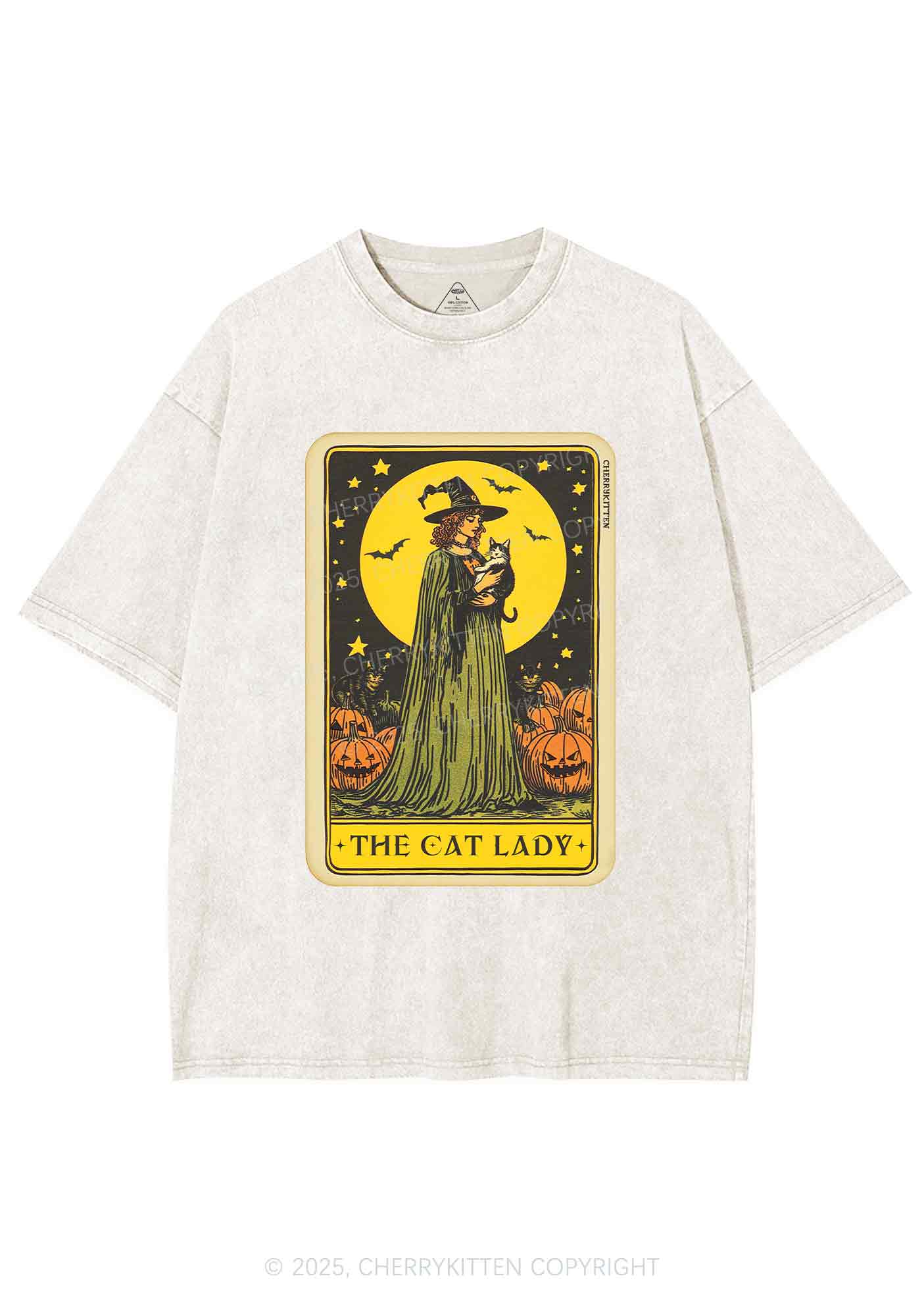 Halloween The Witch Cat Lady Y2K Shirts Washed Tee Cherrykitten - Image 3