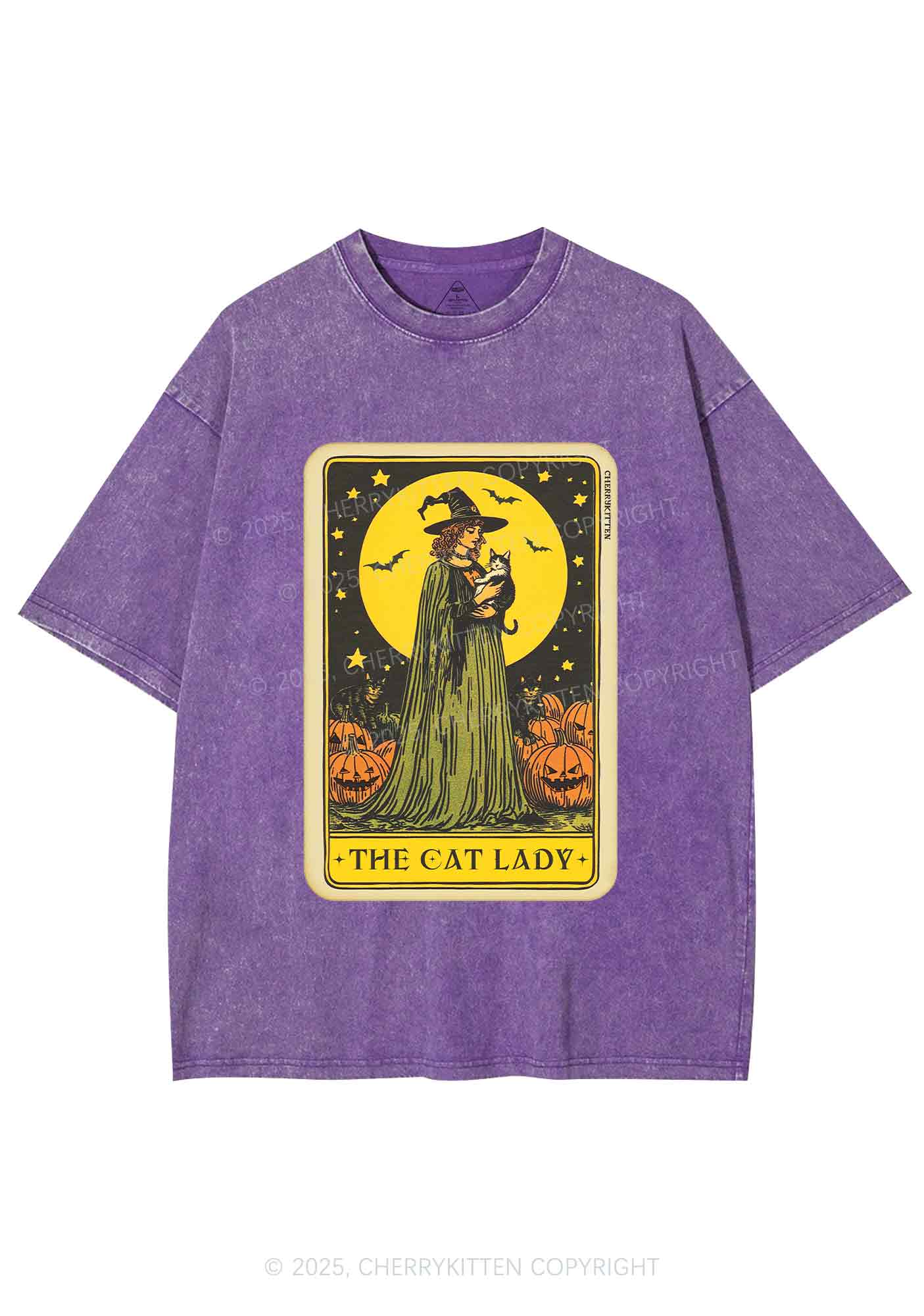 Halloween The Witch Cat Lady Y2K Shirts Washed Tee Cherrykitten - Image 5
