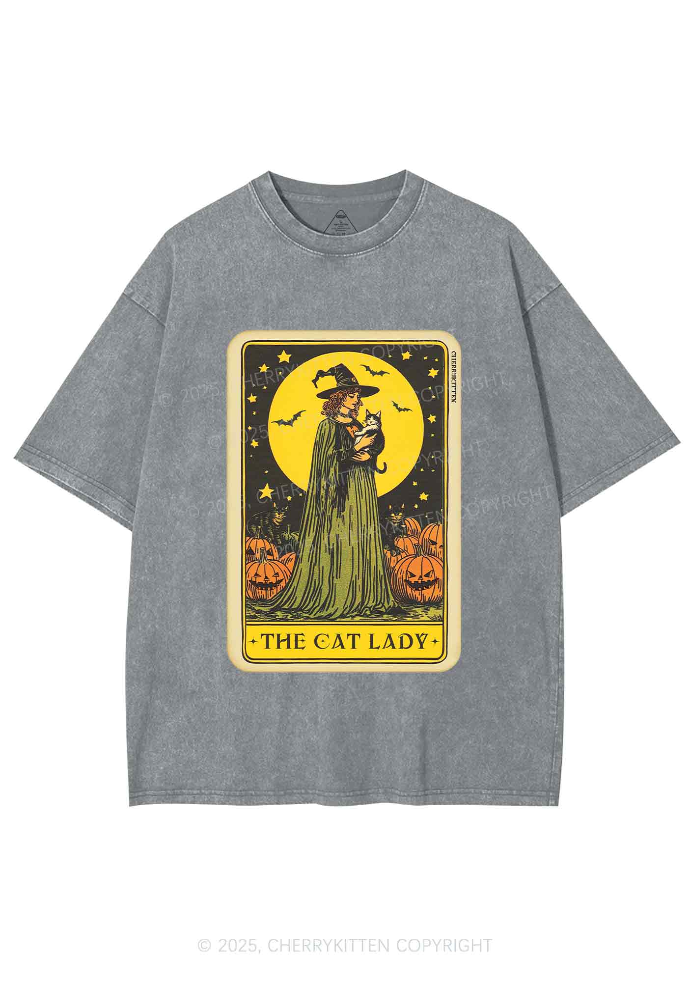 Halloween The Witch Cat Lady Y2K Shirts Washed Tee Cherrykitten - Image 7
