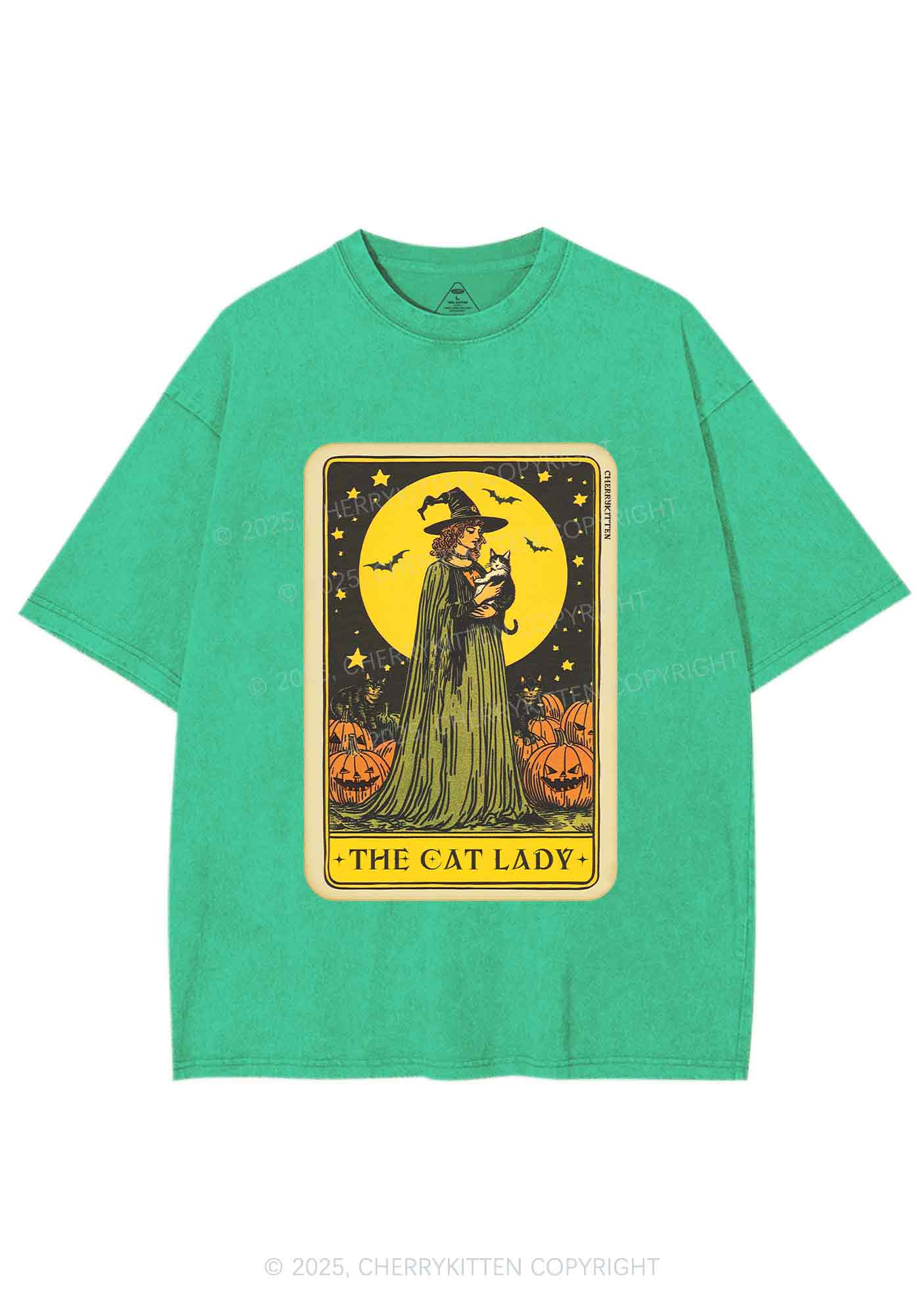 Halloween The Witch Cat Lady Y2K Shirts Washed Tee Cherrykitten - Image 8