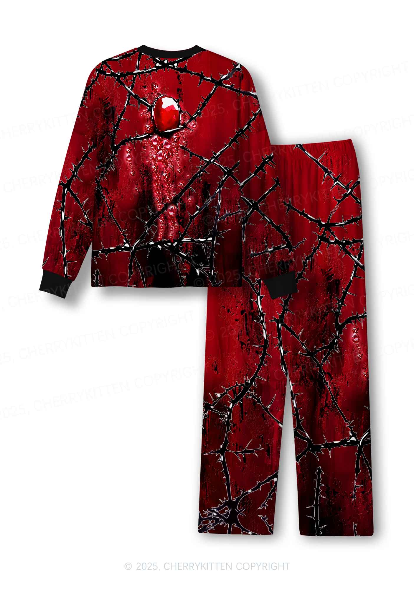 Halloween Thorned Ruby Y2K Print Long Sleeve Pajama Set Cherrykitten - Image 3