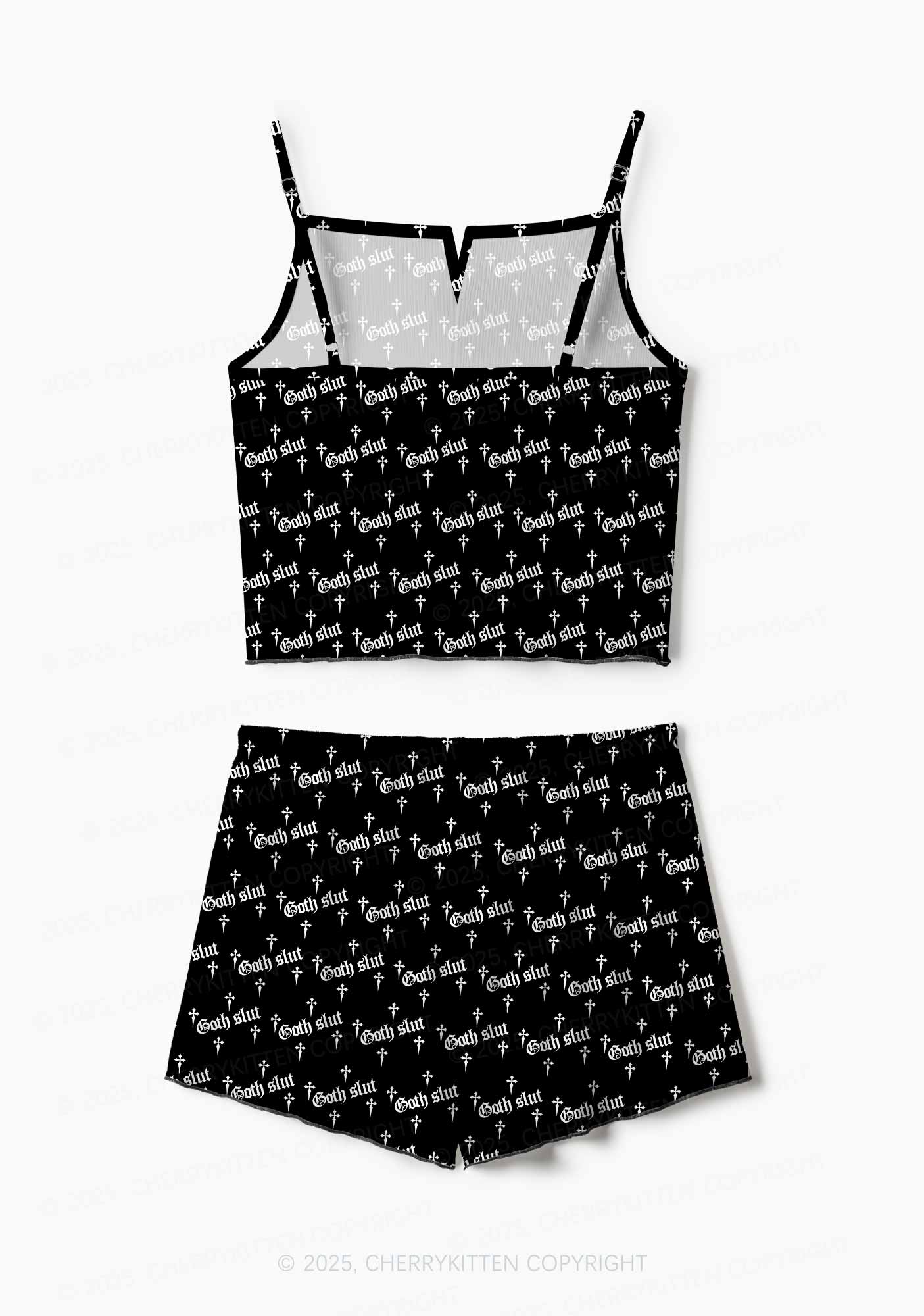 Halloween White Goth Slxt Y2K Print Cami Shorts Pajama Set Cherrykitten - Image 3