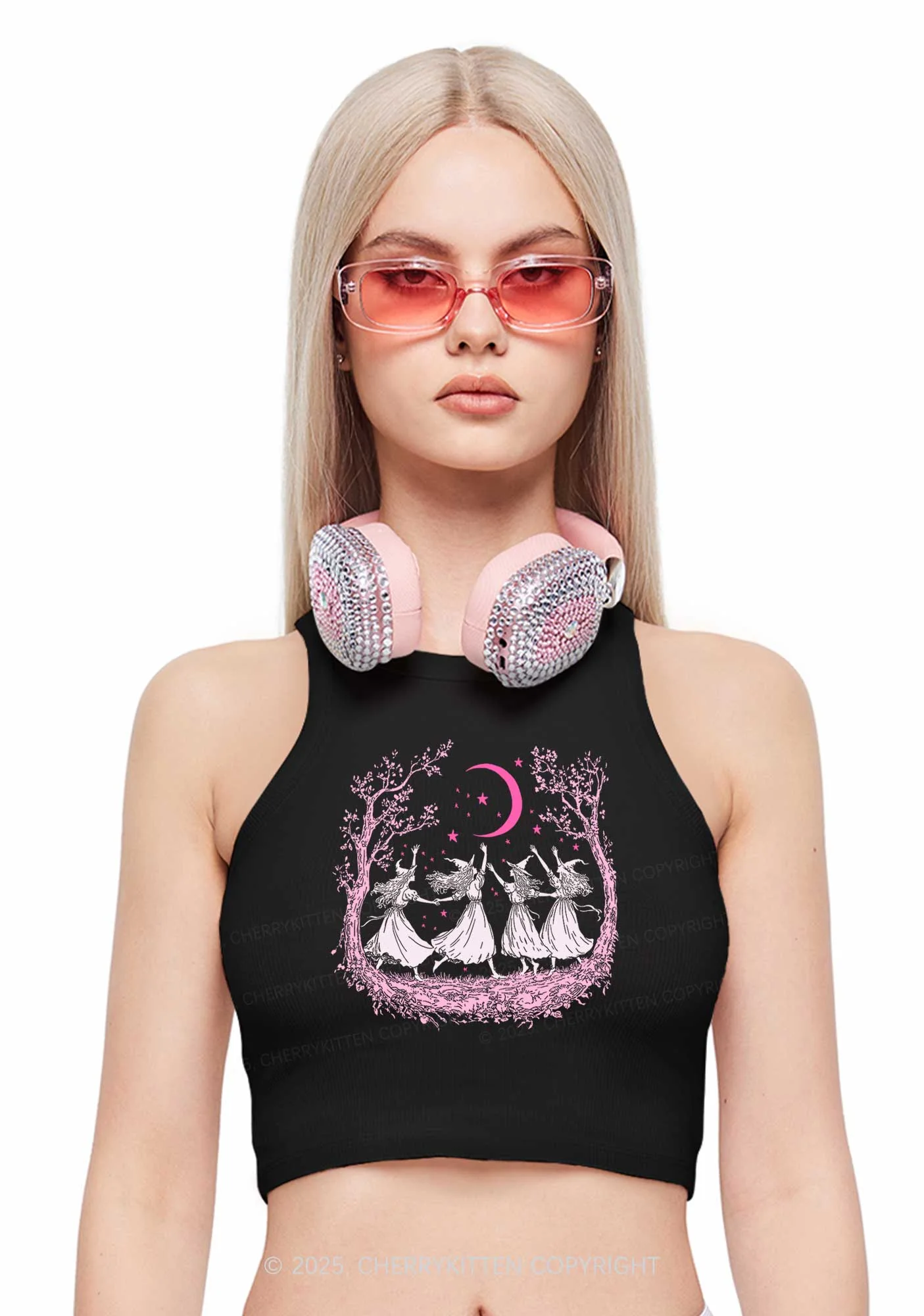 Halloween Witches Dancing Under Moon Y2K Crop Tank Top Cherrykitten - Image 2