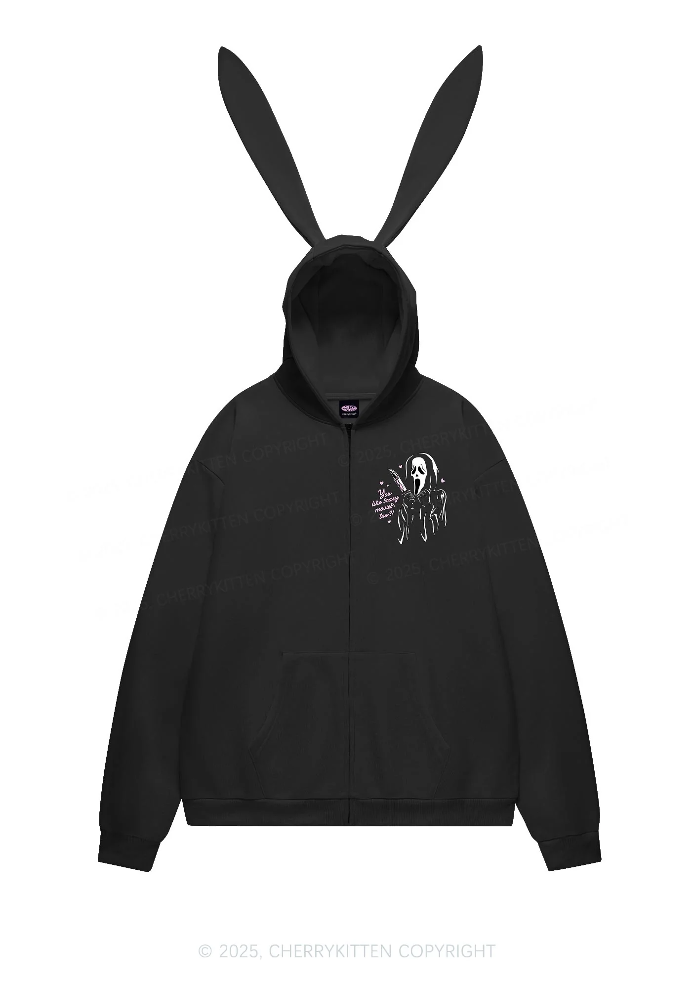 Halloween You Like Scary Movies Too Y2K Bunny Ear Zip Hoodie Cherrykitten - Image 4