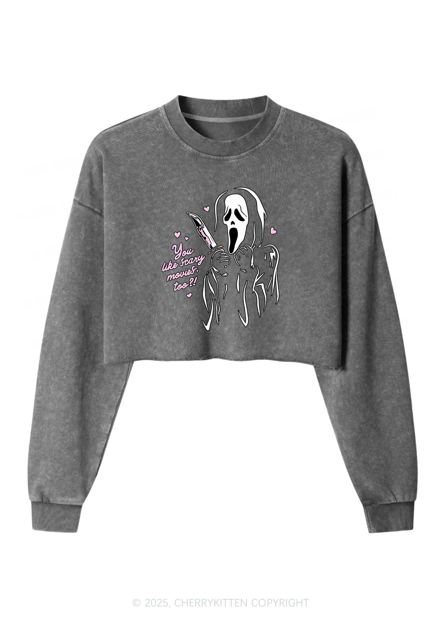 Halloween You Like Scary Movies Too Y2K Crop Washed Sweatshirts Cherrykitten - Image 3