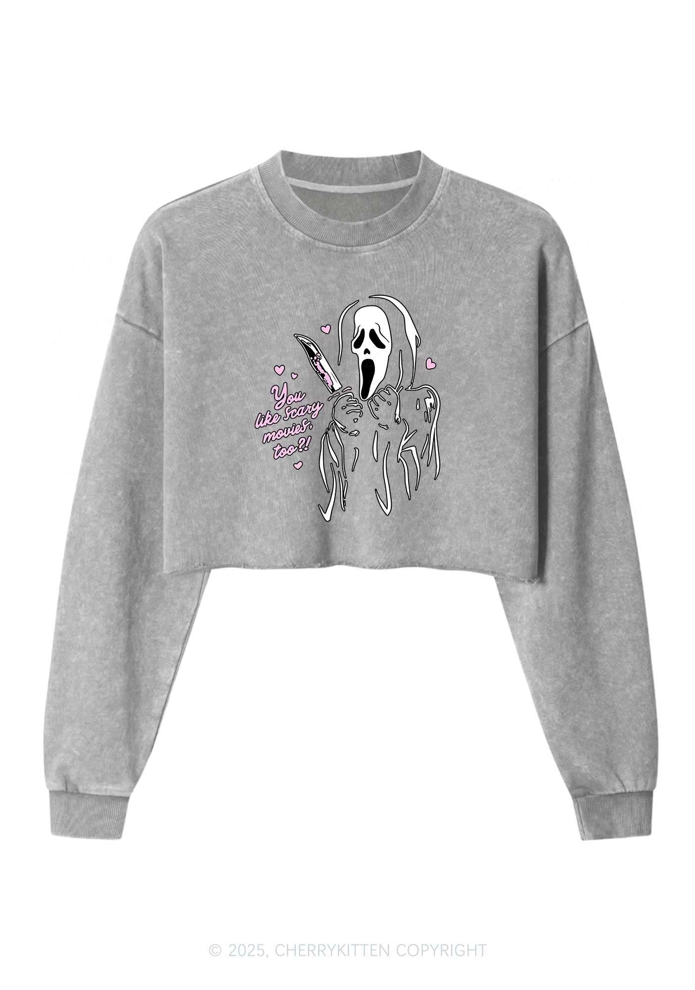 Halloween You Like Scary Movies Too Y2K Crop Washed Sweatshirts Cherrykitten - Image 4
