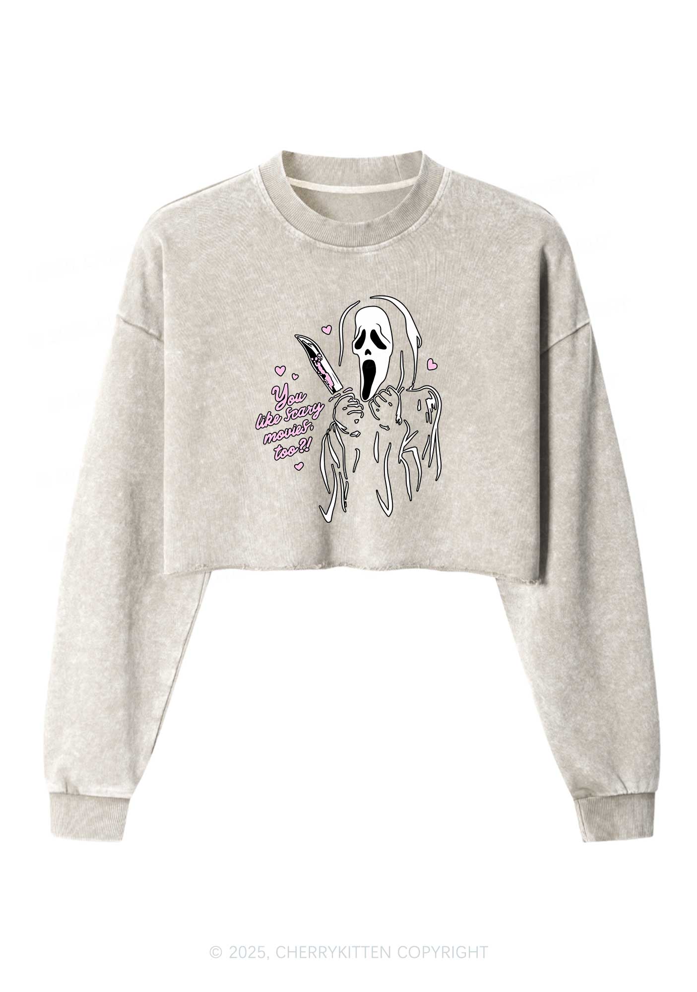 Halloween You Like Scary Movies Too Y2K Crop Washed Sweatshirts Cherrykitten - Image 5