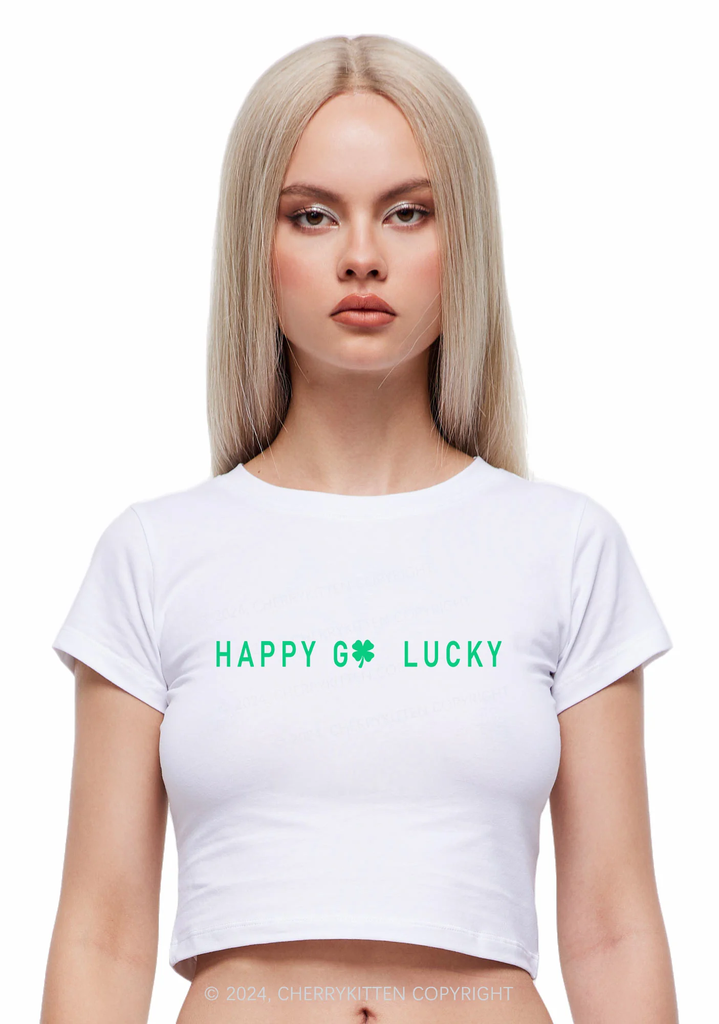 Happy Go Lucky St Patricks Y2K Baby Tee Cherrykitten - Image 2