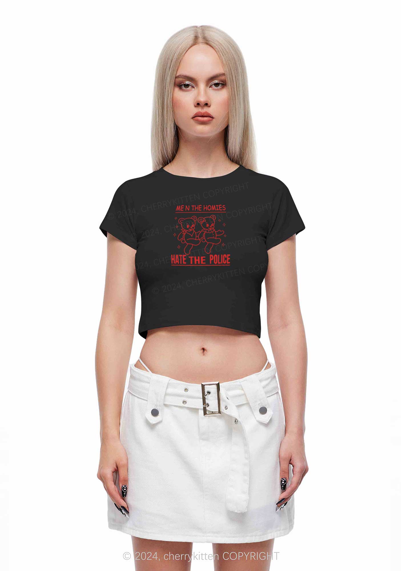 Hate The Police Y2K Baby Tee Cherrykitten - Image 3