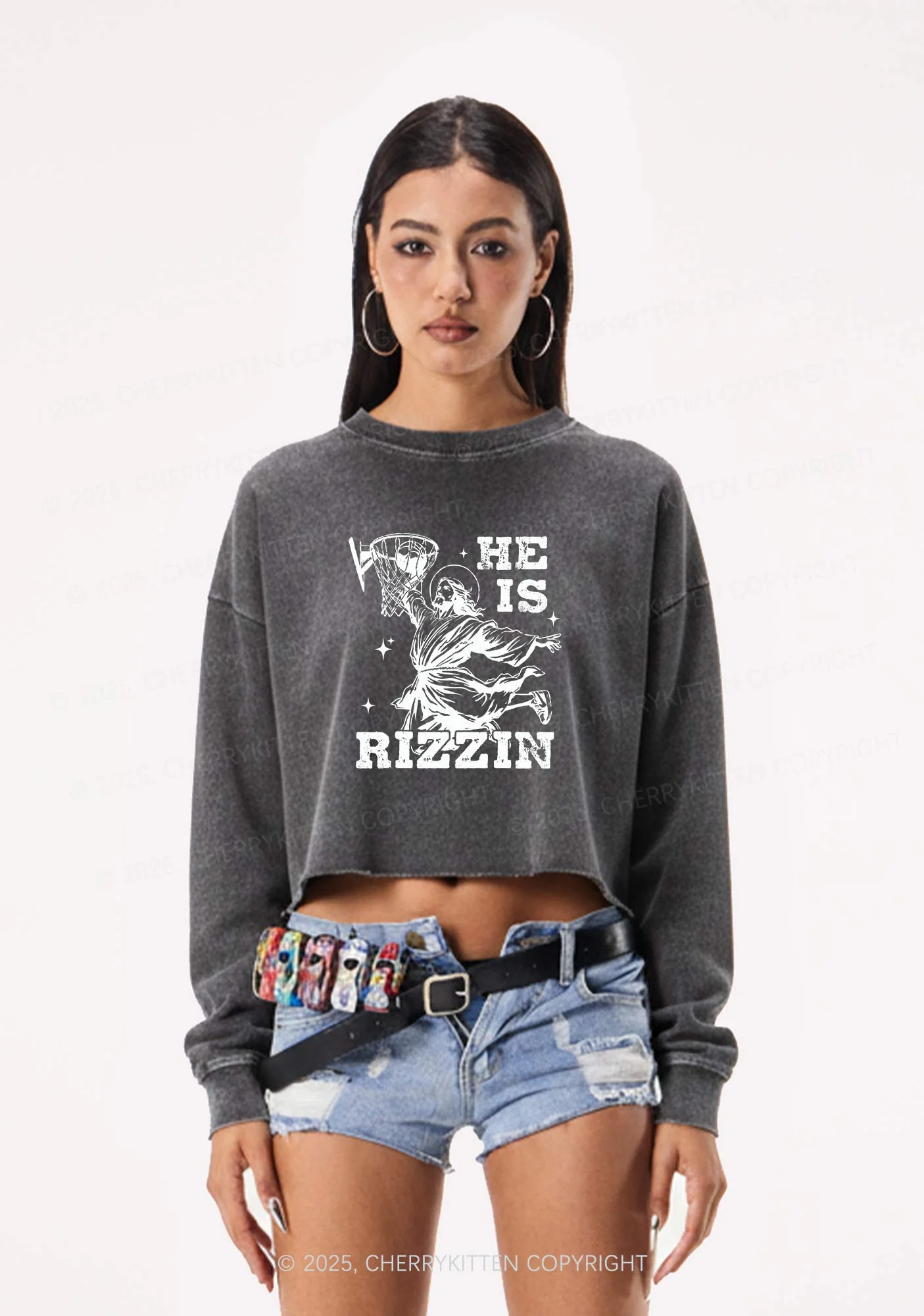 He Is Rizzin Y2K Crop Washed Sweatshirts Cherrykitten - Image 2