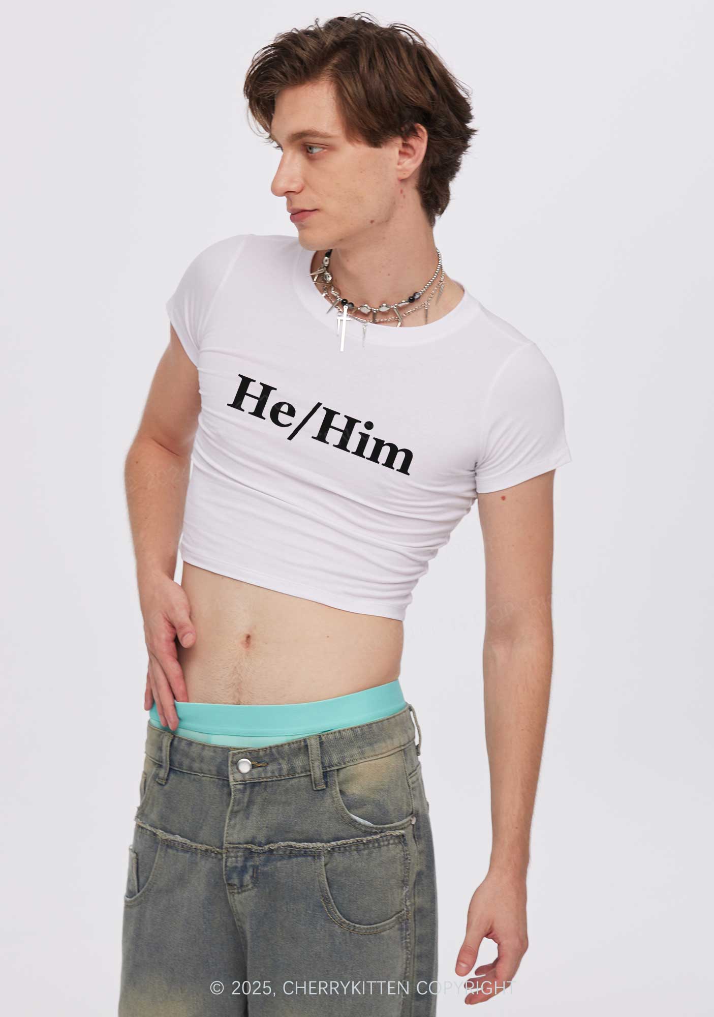 He Or Him Y2K Baby Tee Cherrykitten - Image 2