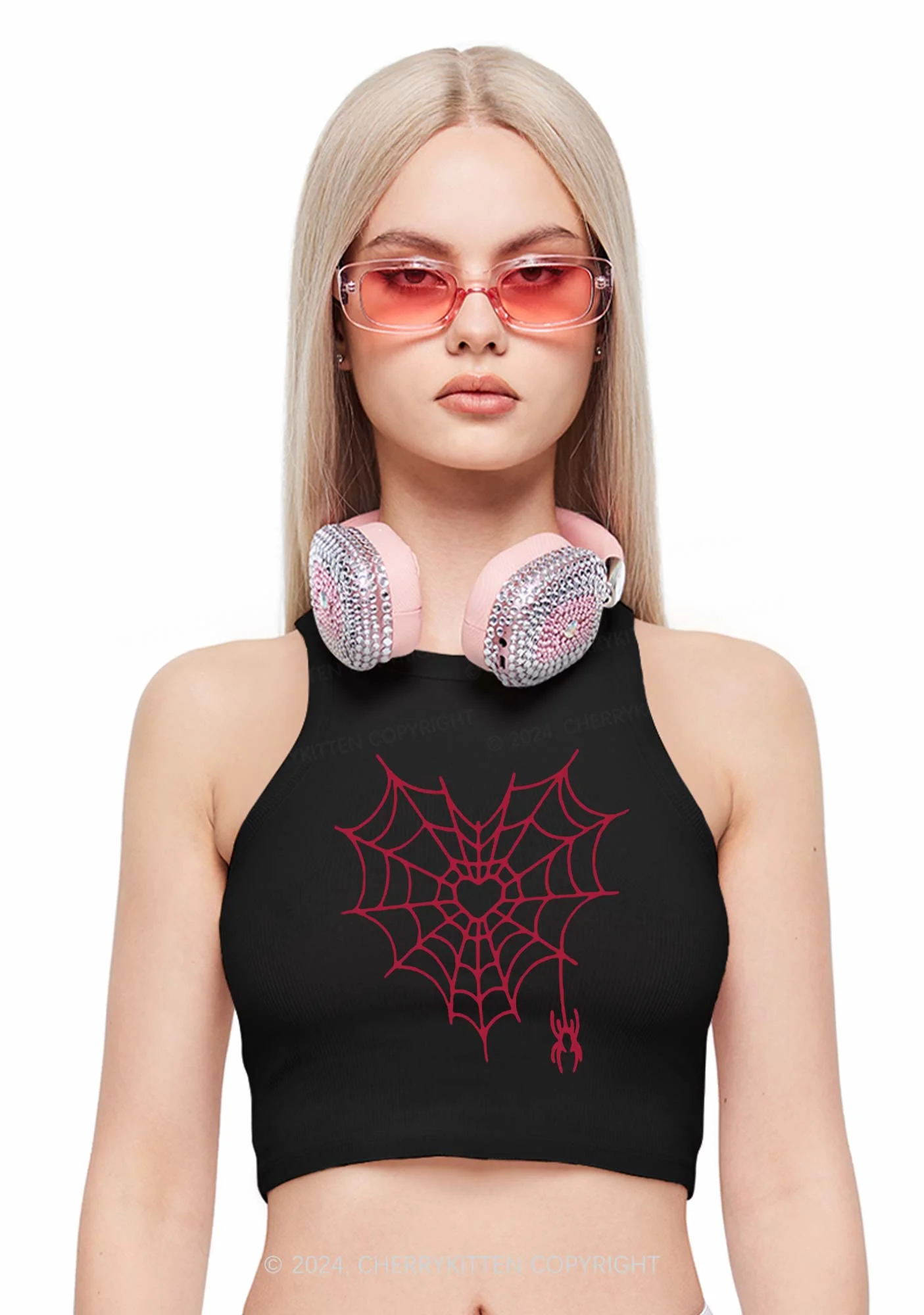 Heart Spider Web Y2K Valentine's Day Crop Tank Top Cherrykitten - Image 2