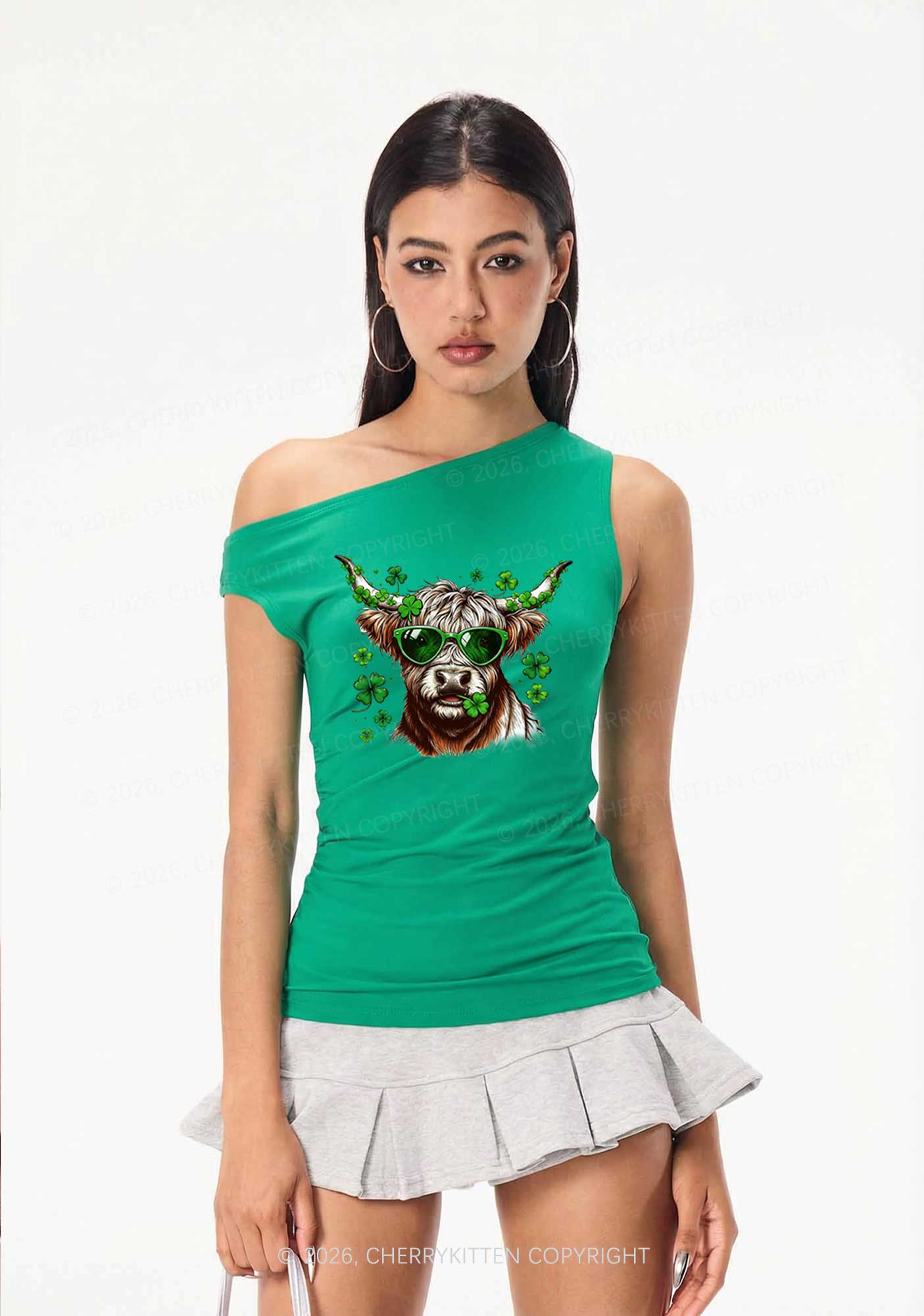 Highland Cow St Patricks Y2K Off Shoulder Tank Top Cherrykitten - Image 2