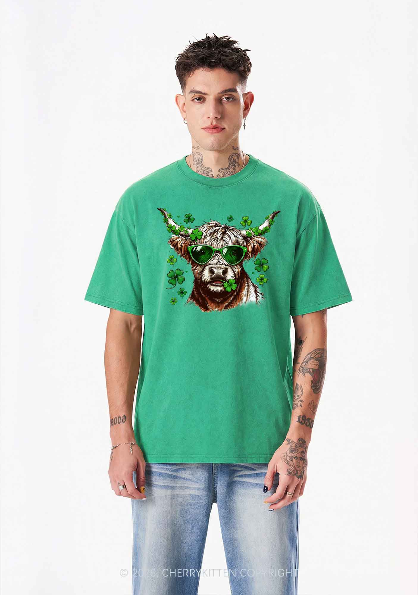 Highland Cow St Patricks Y2K Shirts Washed Tee Cherrykitten - Image 2
