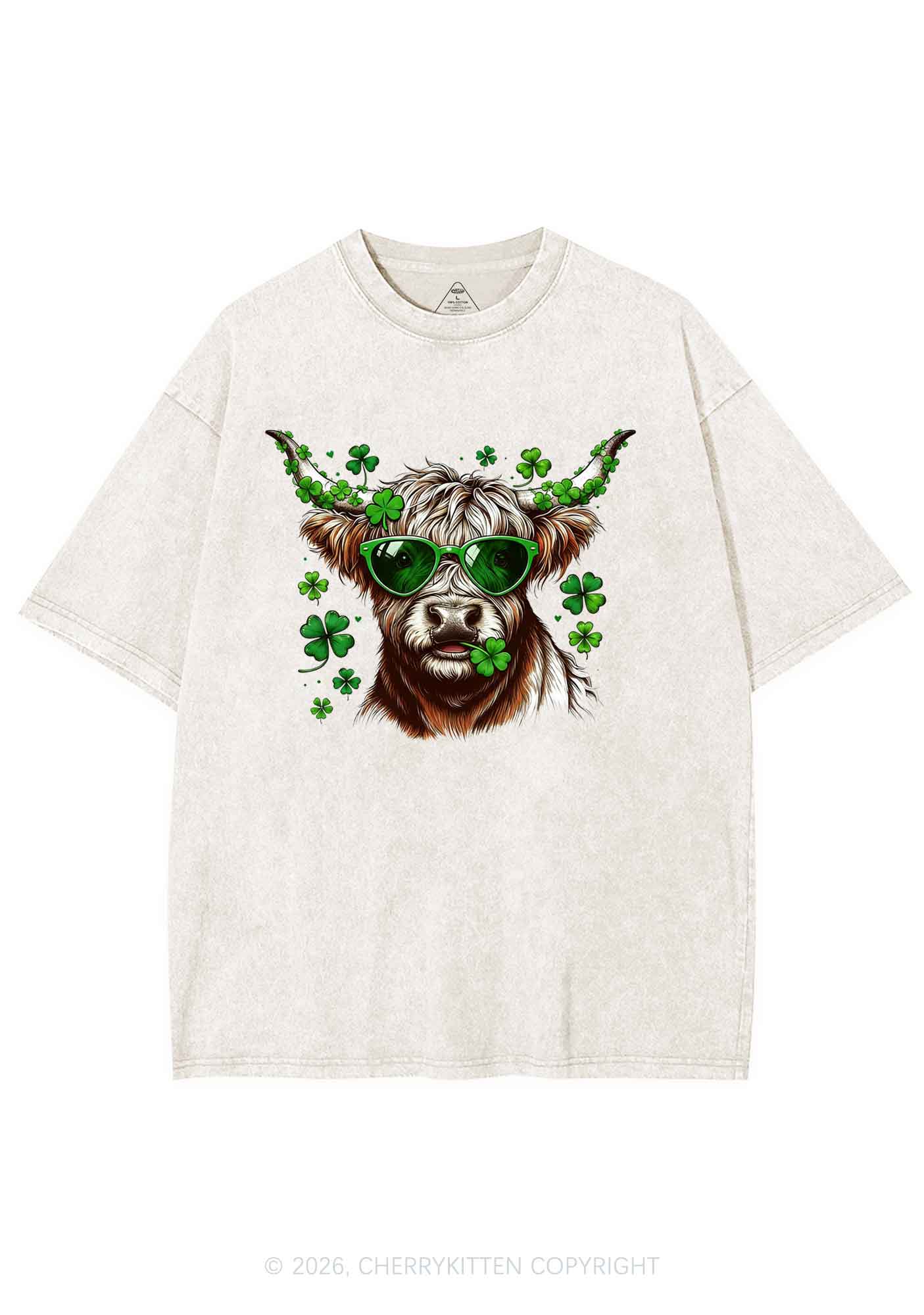 Highland Cow St Patricks Y2K Shirts Washed Tee Cherrykitten - Image 3