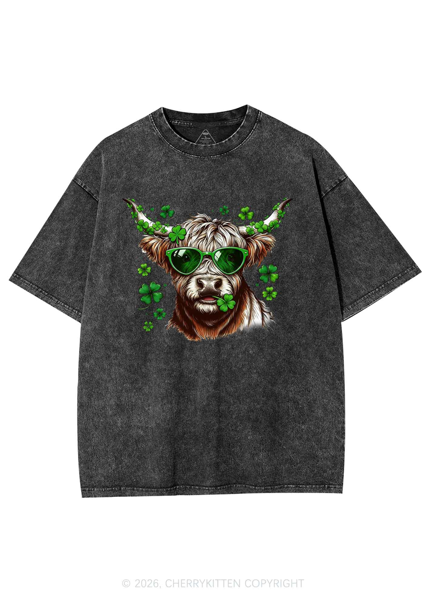 Highland Cow St Patricks Y2K Shirts Washed Tee Cherrykitten - Image 4