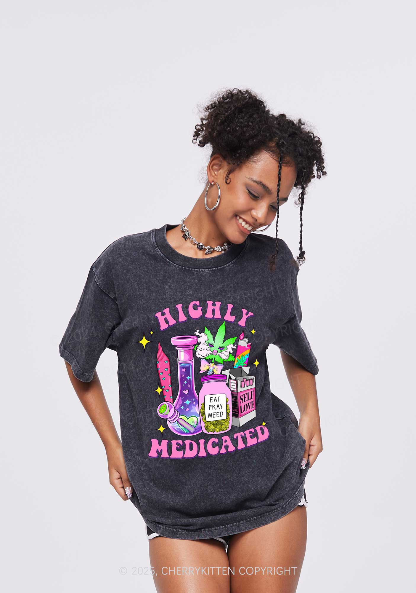Highly Medicated Y2K Shirts Washed Tee Cherrykitten - Image 2