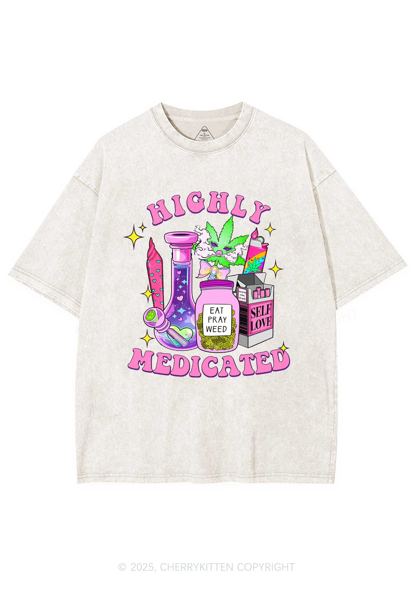 Highly Medicated Y2K Shirts Washed Tee Cherrykitten - Image 3