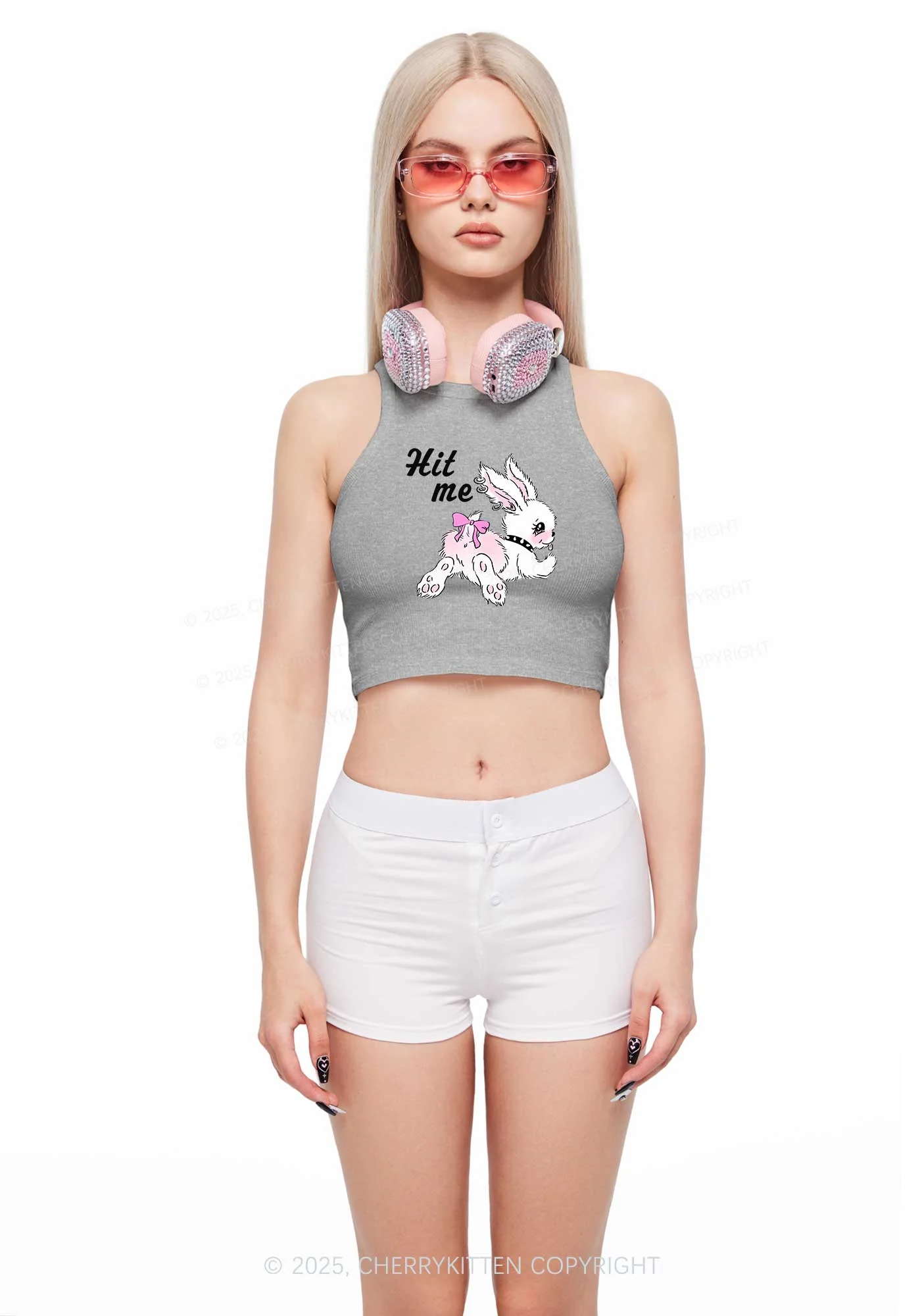Hit Me White Bunny Y2K Crop Tank Top Cherrykitten - Image 2