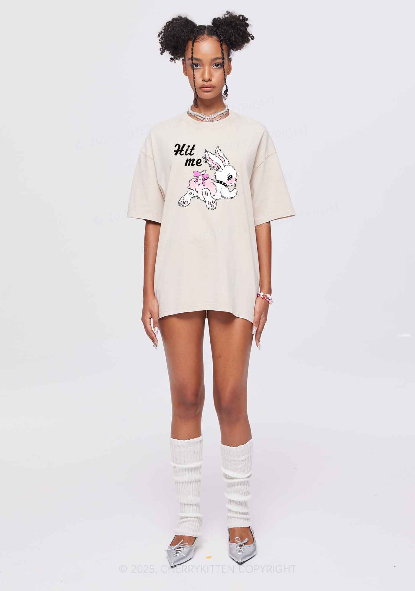 Hit Me White Bunny Y2K Shirts Washed Tee Cherrykitten - Image 2