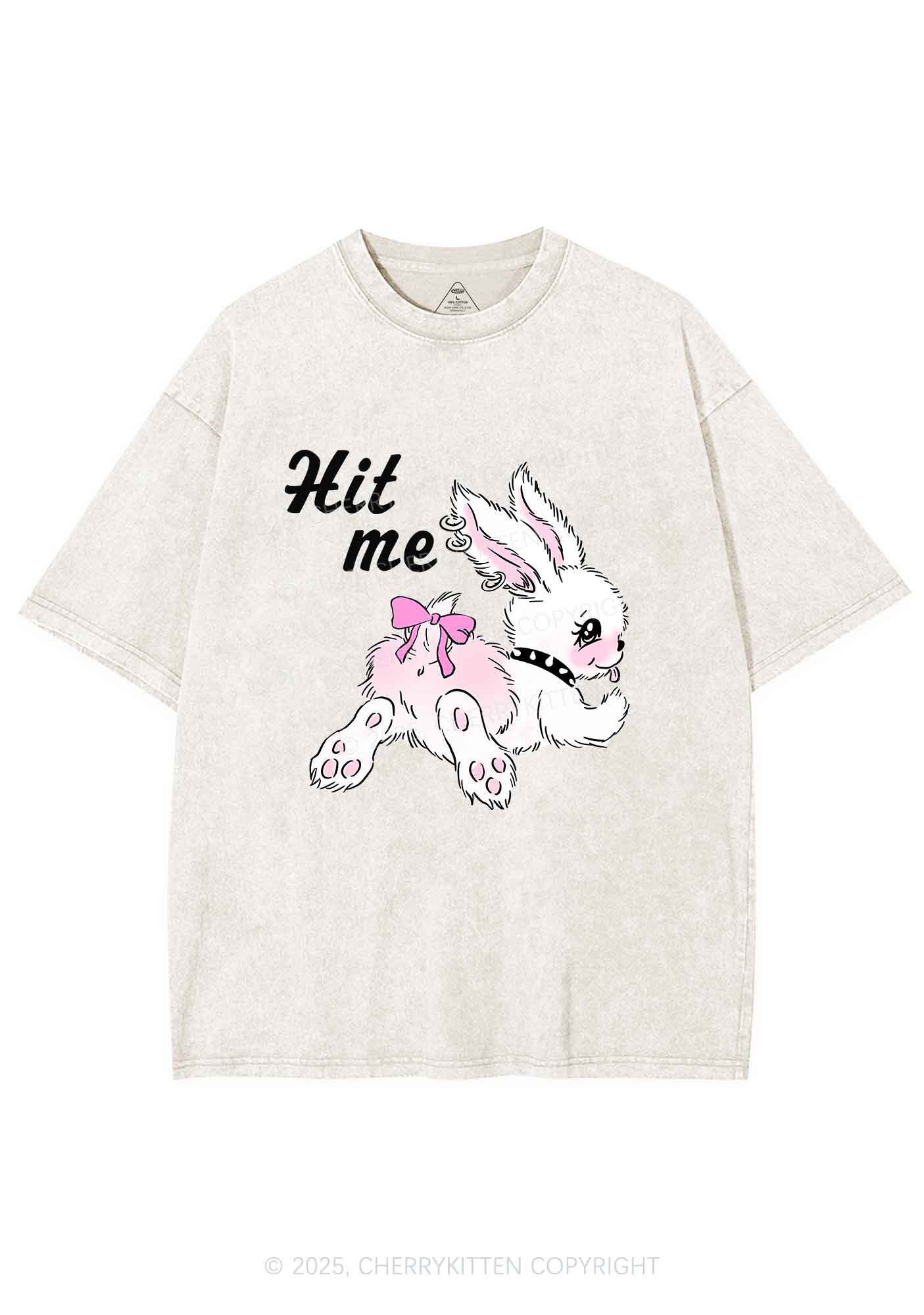Hit Me White Bunny Y2K Shirts Washed Tee Cherrykitten - Image 3