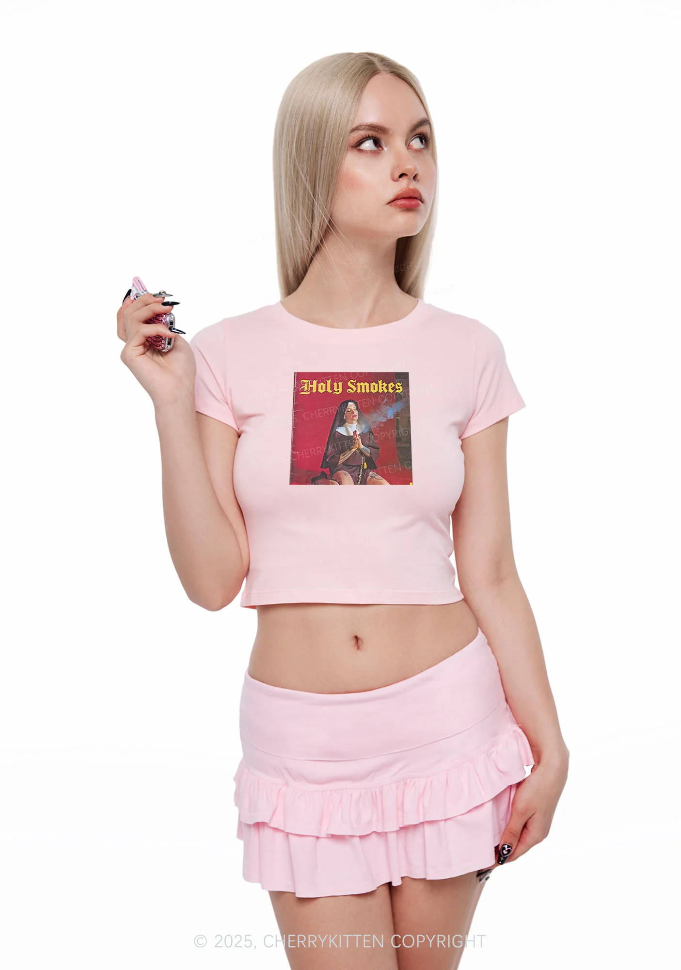 Holy Smokes Y2K Baby Tee Cherrykitten - Image 2