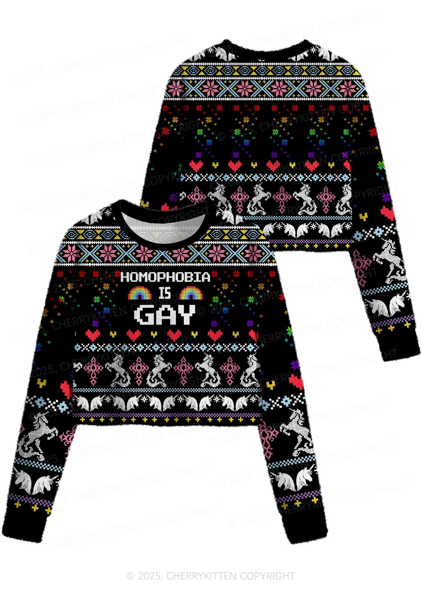 Homophobia Is Gay Pride Y2K Christmas Crop Knit Sweatshirt Cherrykitten - Image 3
