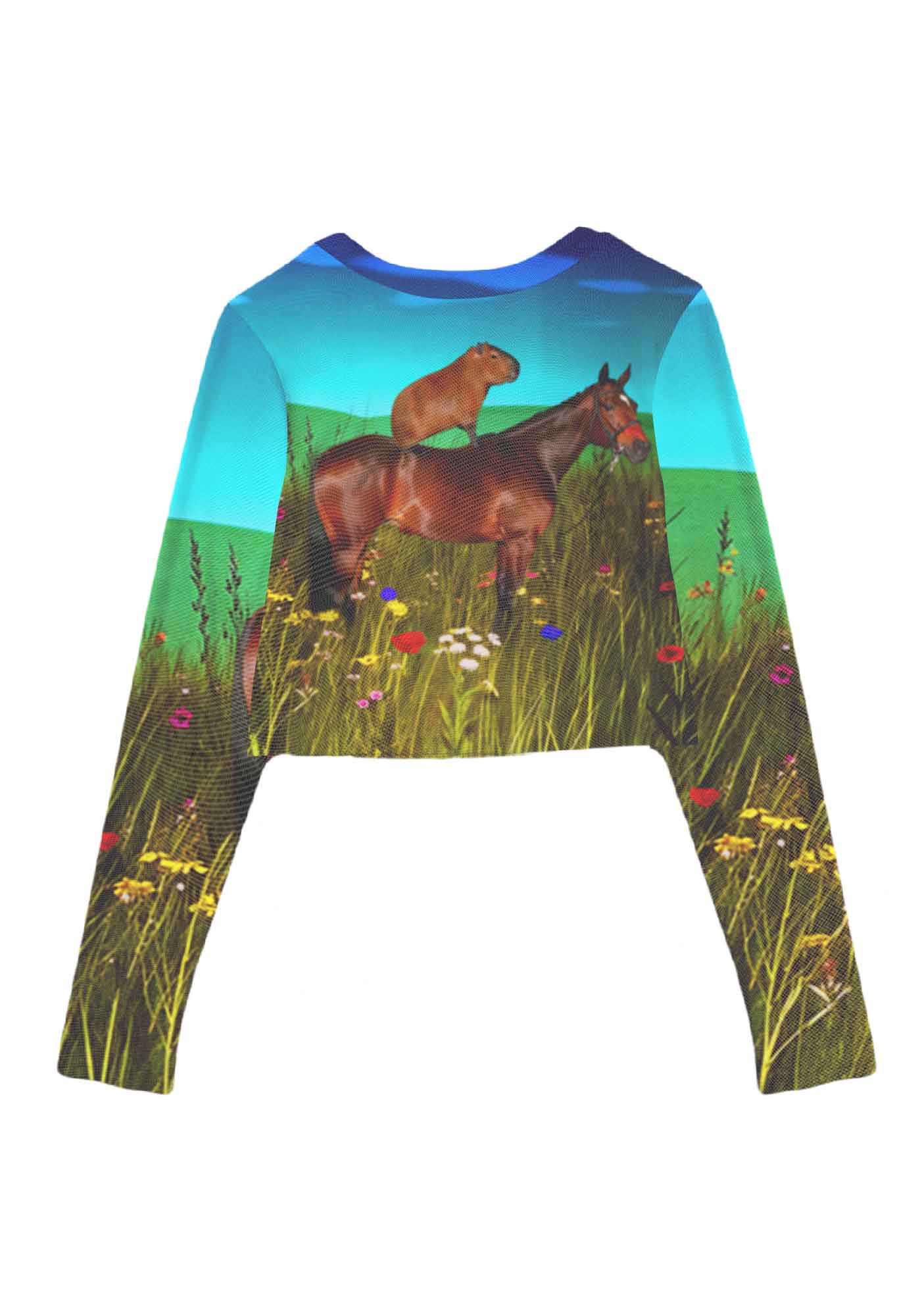Horseback Capybara Y2K Mesh Long Sleeve Crop Top Cherrykitten - Image 3